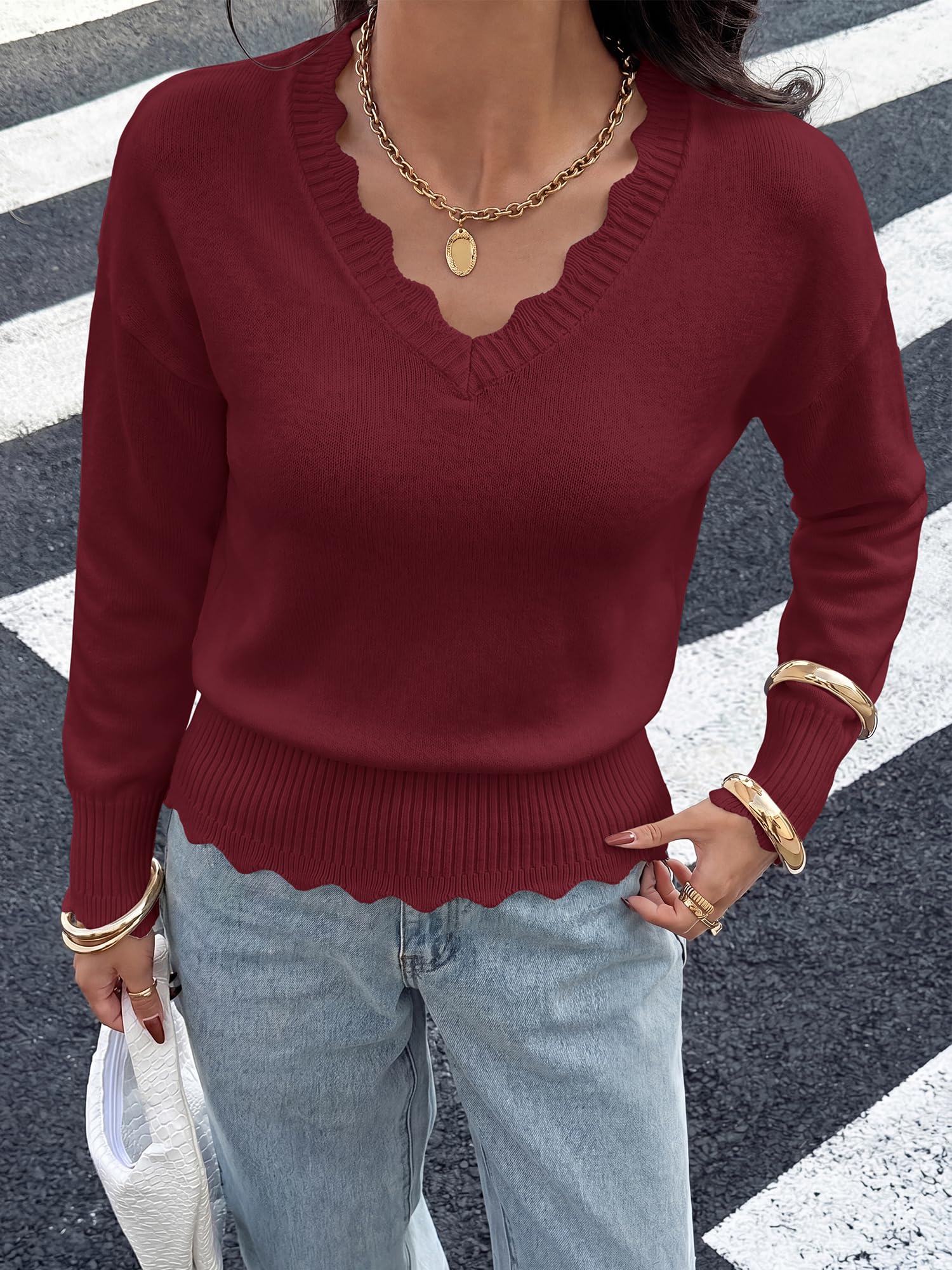 BTFBM Fall Long Sleeve Sweaters for Women | V Neck,Drop Shoulders,Scallop Edges,Lightweight Knit Sweaters Top,Daily Wear,Holiday,Christmas,Winter Clothing