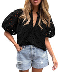 PRETTYGARDEN Women's Summer Tops Dressy Casual Short Sleeve V Neck Buttons Hollow Out Lace Embroidered Blouses Shirts