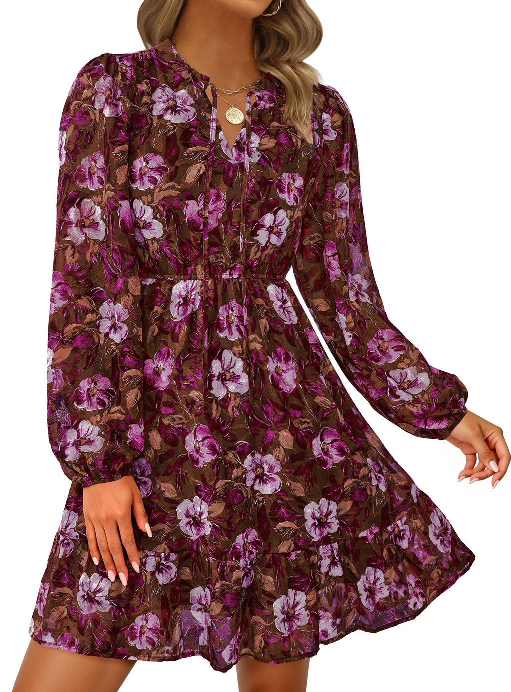 PRETTYGARDEN Women's Fall Boho Dresses  Floral Long Sleeve V Neck Mini Flowy Wedding Guest Dress Trendy Vacation Outfits