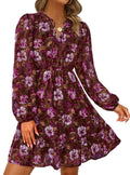 PRETTYGARDEN Women's Fall Boho Dresses  Floral Long Sleeve V Neck Mini Flowy Wedding Guest Dress Trendy Vacation Outfits
