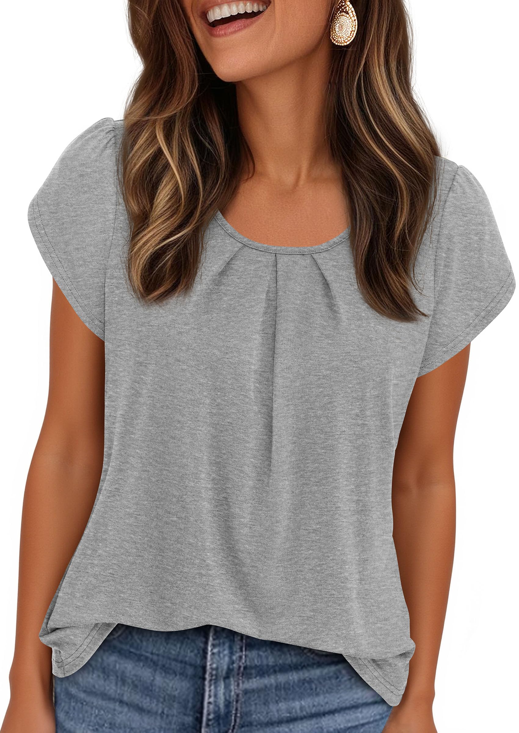 PRETTYGARDEN Womens Tops Dressy Casual Summer Short Sleeve Blouses Crew Neck Pleated Basic T Shirts Spring Clothes