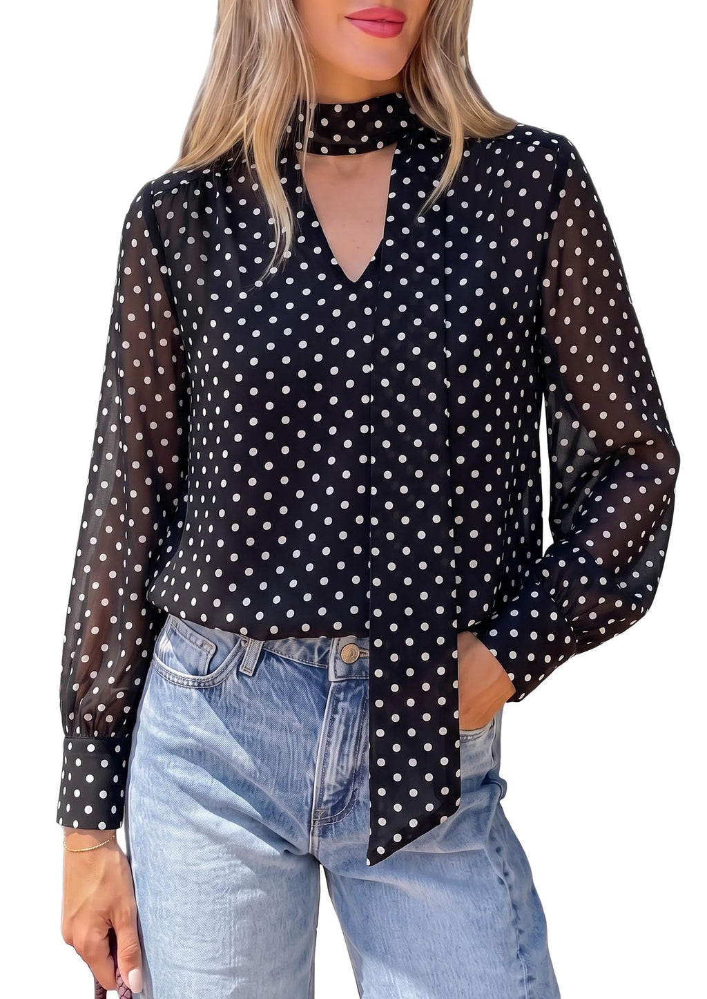 PRETTYGARDEN Women Chiffon Boho Blouses Dressy Casual Flowy Fall Tops, Long Sleeve V Neck Shirts with Tie, Elegant Date Night Outfit for Work Office, Going Out