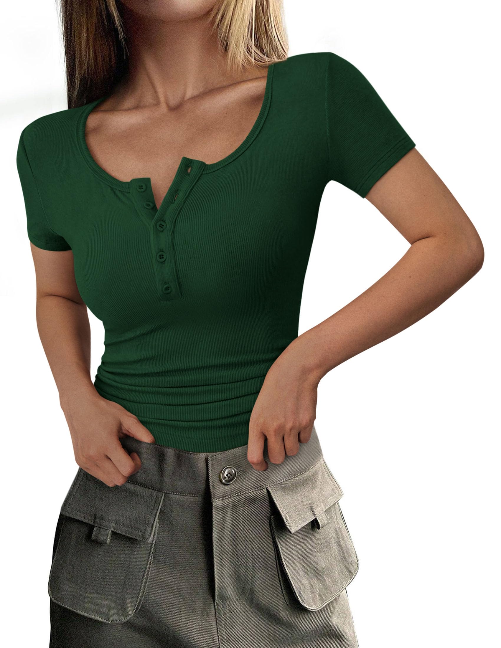 PRETTYGARDEN Women's  Fall Summer Short Sleeve Tops Ribbed Henley Button Slim Fit Basic Casual T Shirts Blouse Clothing