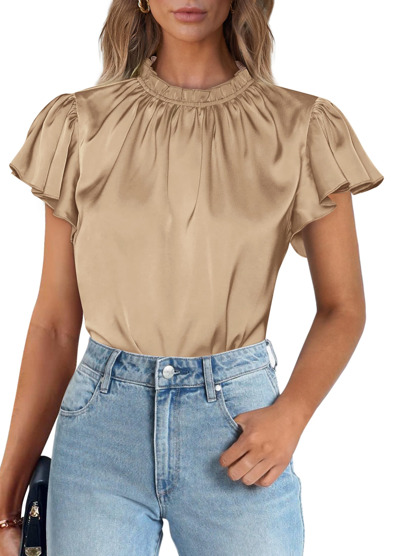 PRETTYGARDEN Business Casual Tops for Women Blouses Dressy  Summer Short Sleeve Ruffle Satin Work Office Attire