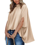 FreshPretty Womens Summer Tops Fall Mock Neck Batwing Sleeve Shirts Loose High Low Hem Oversized Dressy Casual Blouses