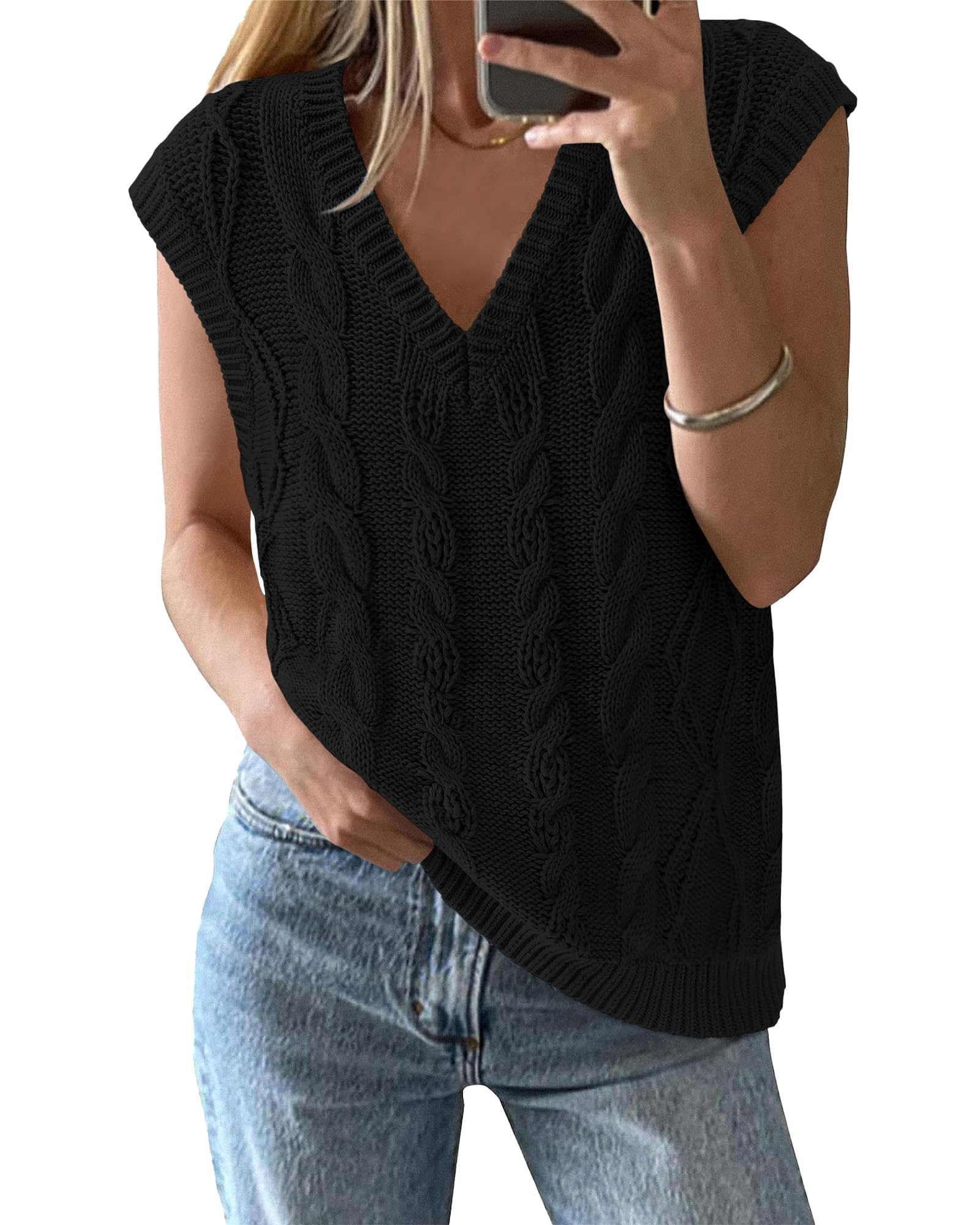 FreshPretty Sweater Vest Women Oversized V Neck Cable Knit Casual Pullover Sweaters Fall Outfits Sleeveless Tops