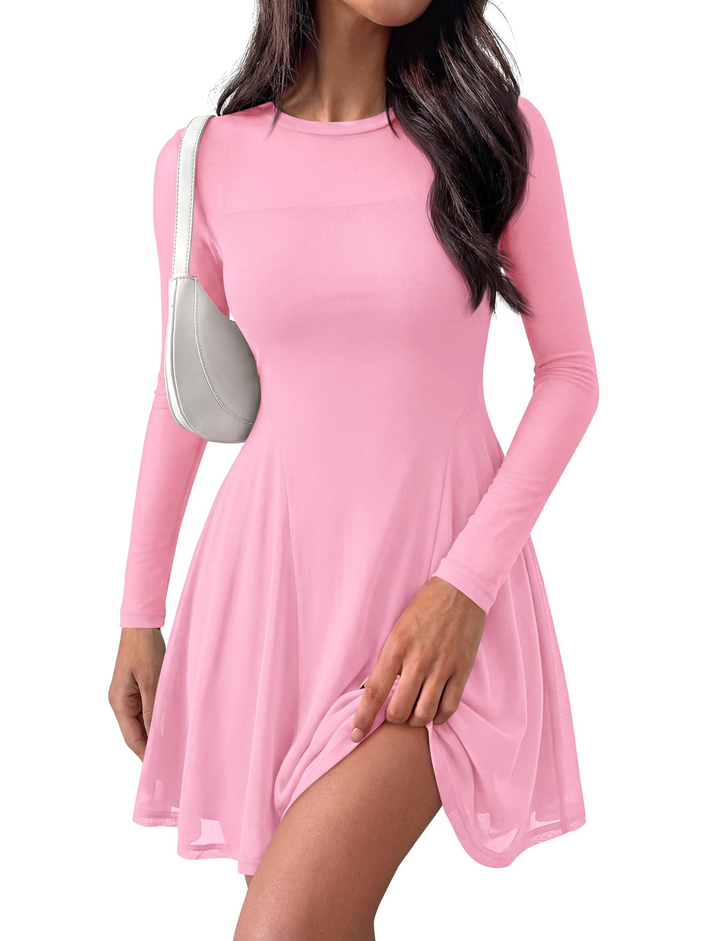 BTFBM Women’s Mini Dress Sheer Mesh Long Sleeve Crew Neck Flowy A Line Casual Cocktail Party Going Out Dresses Fall