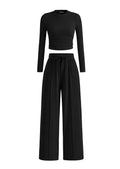 PRETTYGARDEN Women's 2 Piece Loungewear Long Sleeve Crop Top Wide Leg Palazzo Pants Set Tracksuits Casual Outfit
