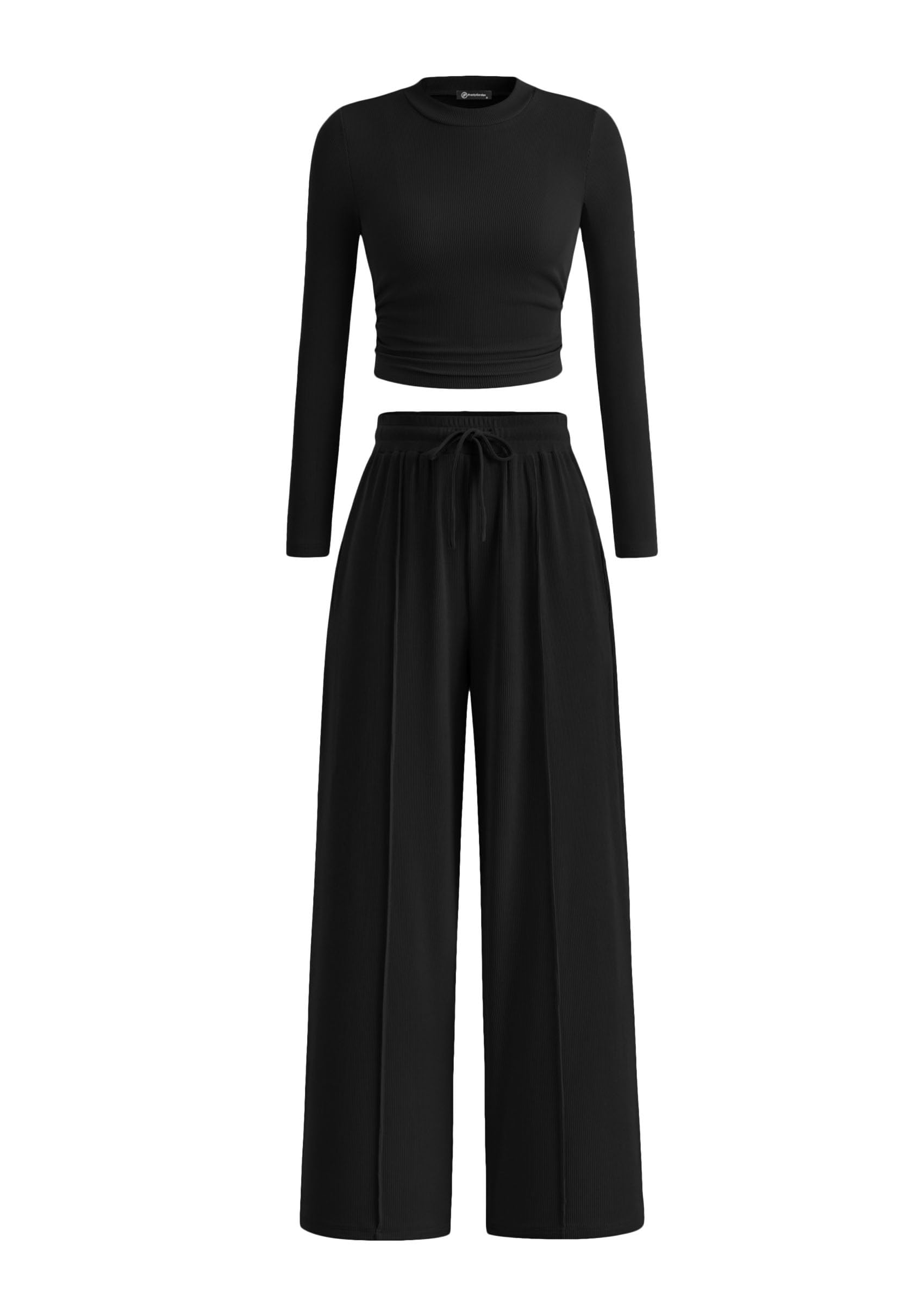 PRETTYGARDEN Women's 2 Piece Loungewear Long Sleeve Crop Top Wide Leg Palazzo Pants Set Tracksuits Casual Outfit