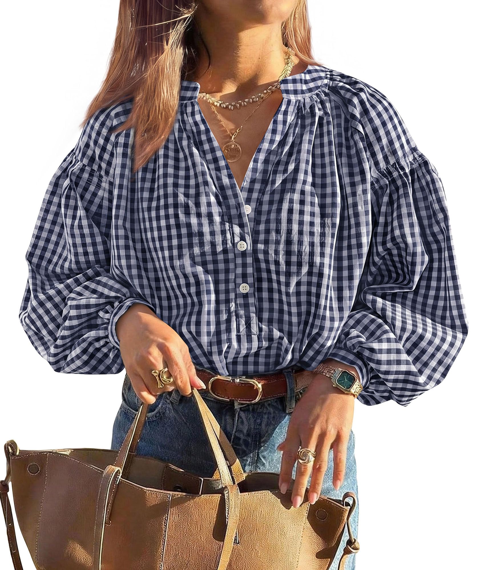 PRETTYGARDEN Women Fall Plaid Long Puff Sleeve Shirts V Neck Casual Blouses Gingham Button Down Oversized, Pleated Drop Shoulder Cotton Tops, Dressy Casual, Work Vacation Travel, Fall Outfits Trendy