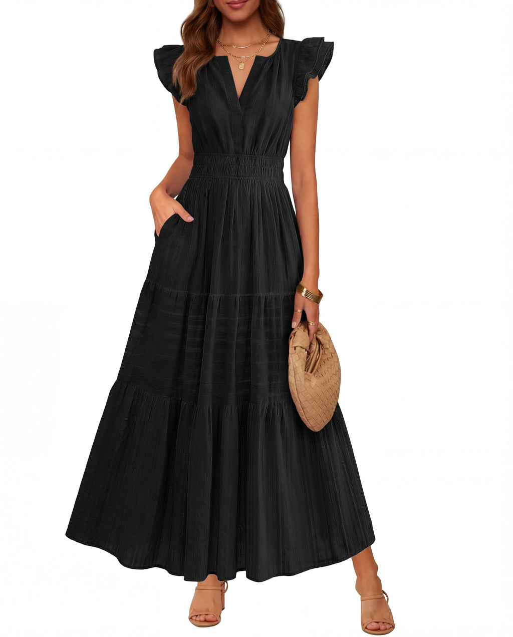 BTFBM Womens Summer Maxi Dress  Spring Boho Vacation Ruffle Flutter Short Sleeve A Line Tiered Flowy Dresses Pockets