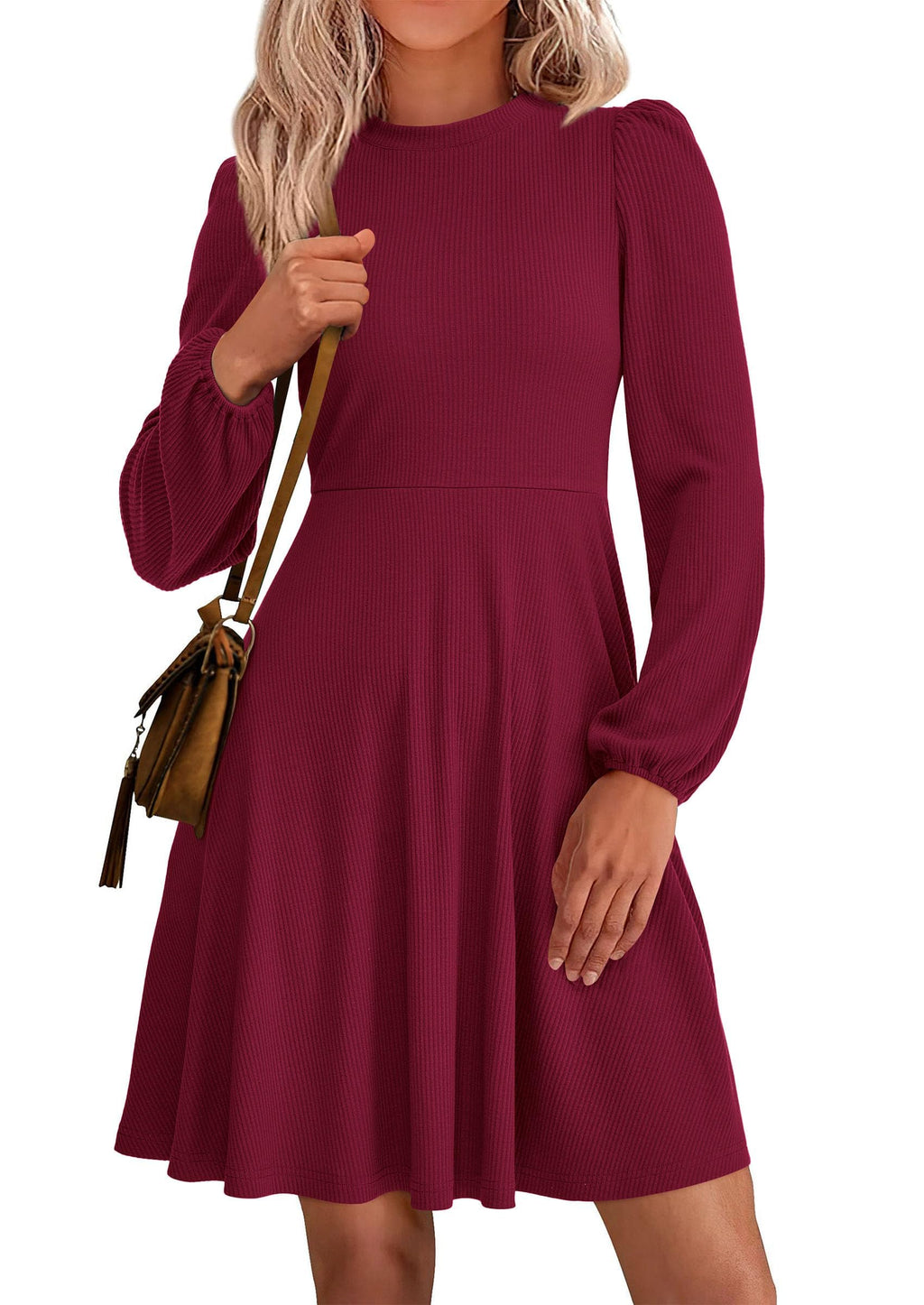 PRETTYGARDEN Womens Long Sleeve Mini Dress  Fall Trendy Crewneck Ribbed Knit Soft A Line Flowy Summer Formal Dresses