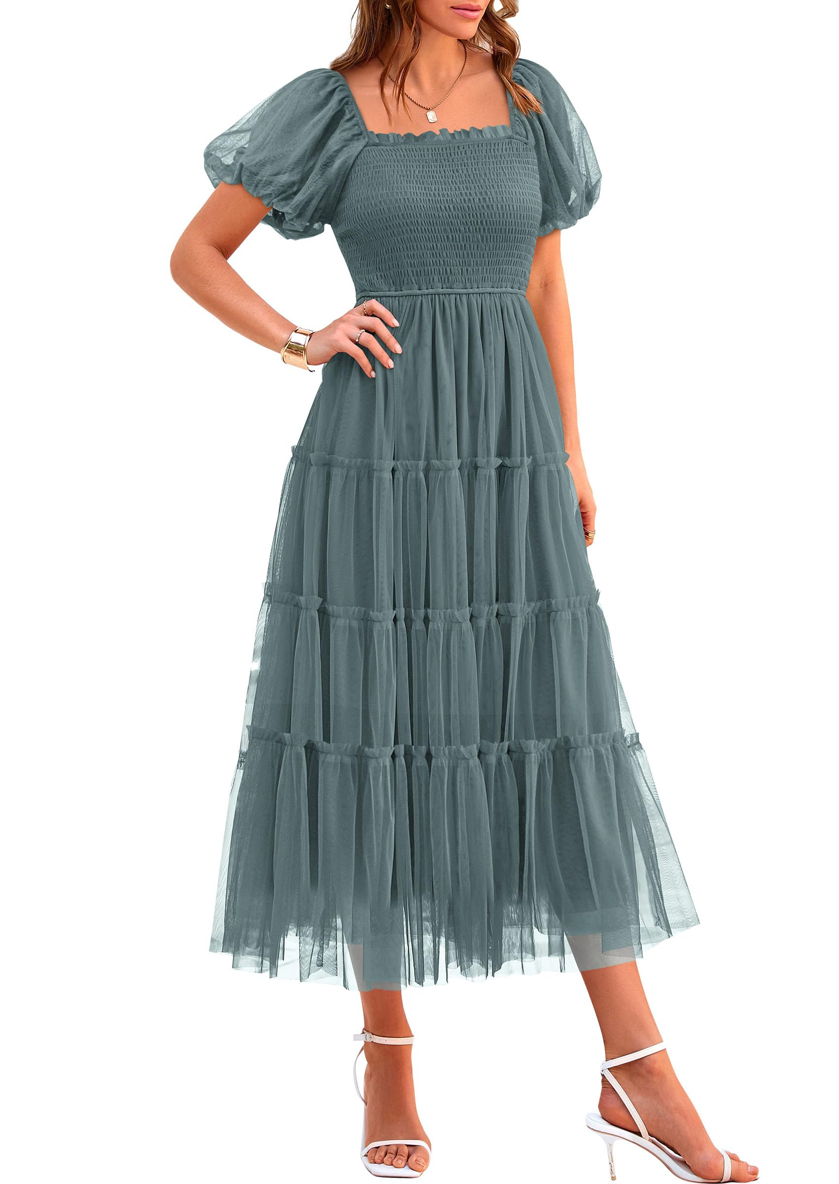 PRETTYGARDEN Women's Smocked Midi Tulle Dress  Summer Puffy Short Sleeve Square Neck Ruffle Wedding Guest Party Dresses