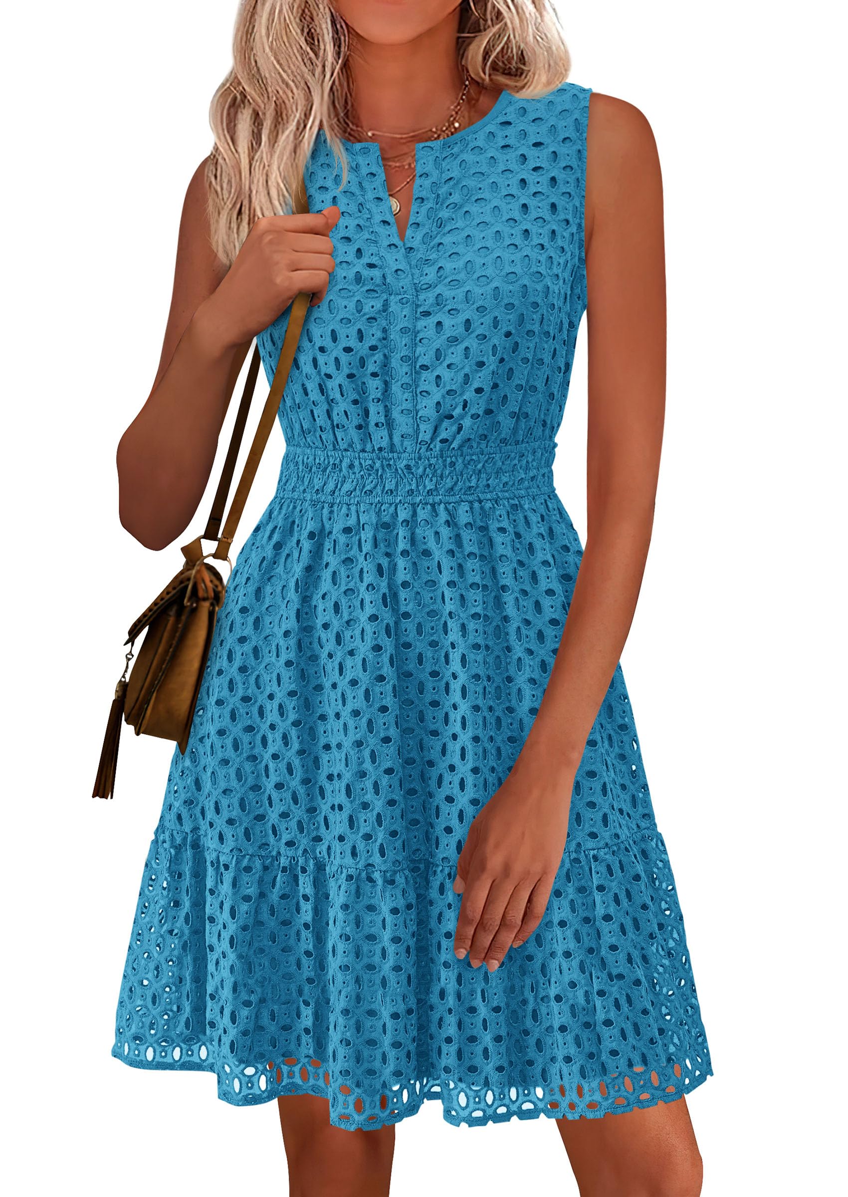 PRETTYGARDEN Women's Summer Dresses Sleeveless V Neck Eyelet Hollow Out Swing A Line Beach Vacation Sun Dress