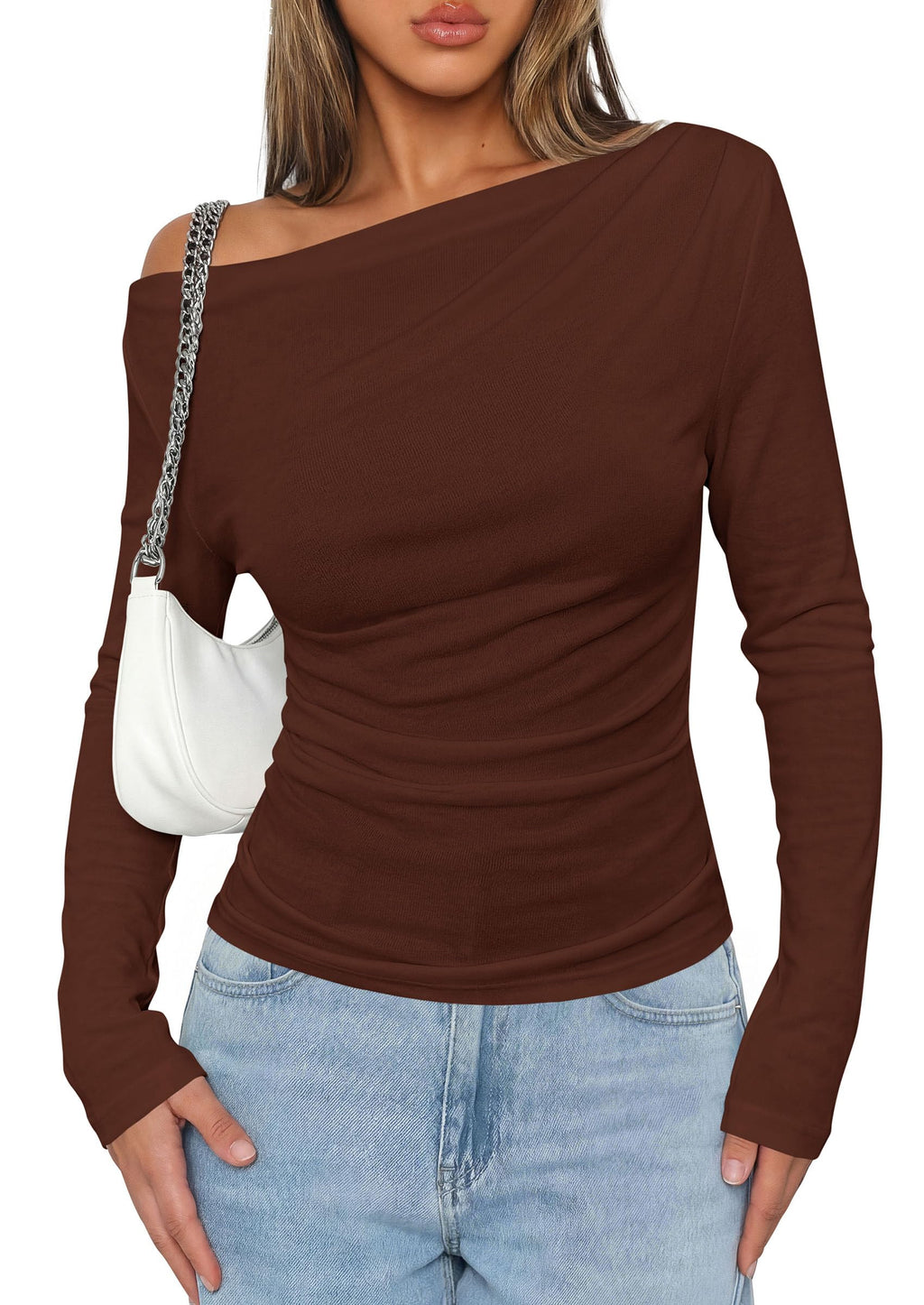 PRETTYGARDEN Womens Off The Shoulder Tops Long Sleeve Shirts | Going Out Tops, Ruched Slim Fit Asymmetrical Neck, Cute Date Night Outfits, Work Dressy Blouses, Fall Fashion Winter Clothes