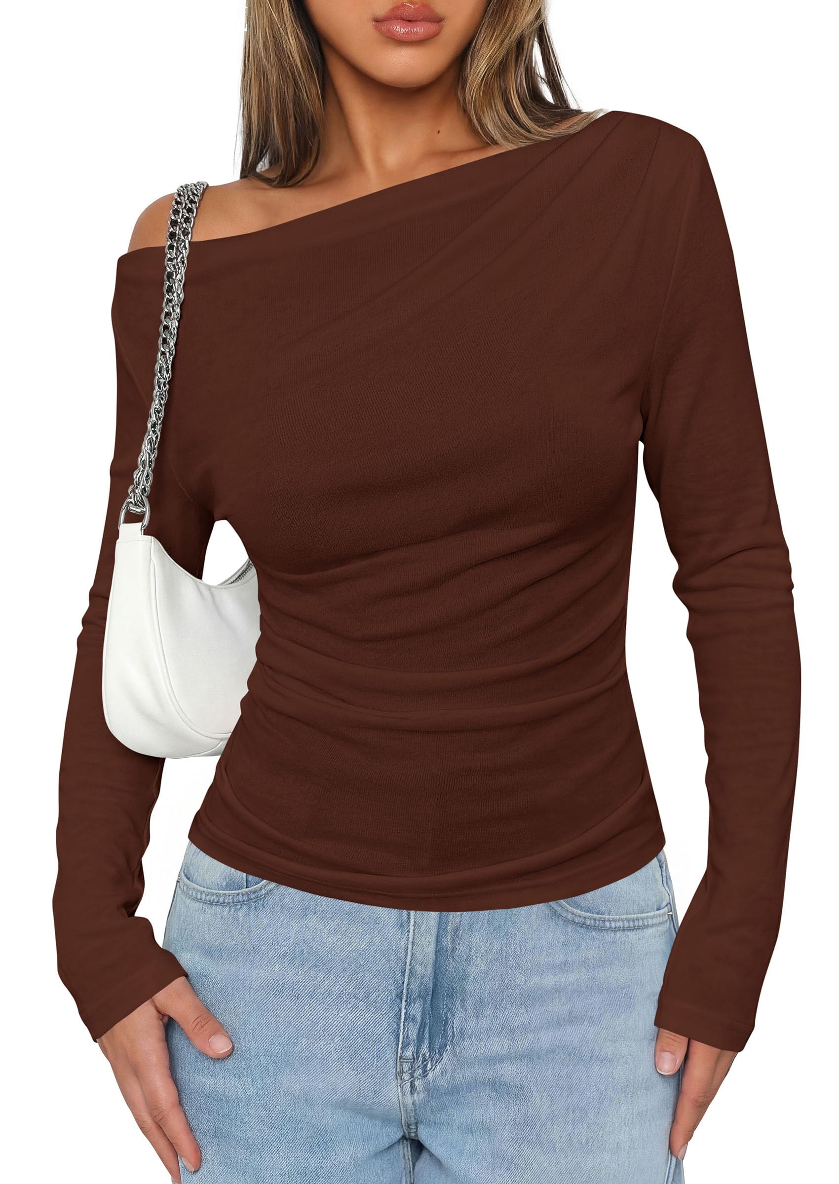 PRETTYGARDEN Womens Off The Shoulder Tops Long Sleeve Shirts | Going Out Tops, Ruched Slim Fit Asymmetrical Neck, Cute Date Night Outfits, Work Dressy Blouses, Fall Fashion Winter Clothes