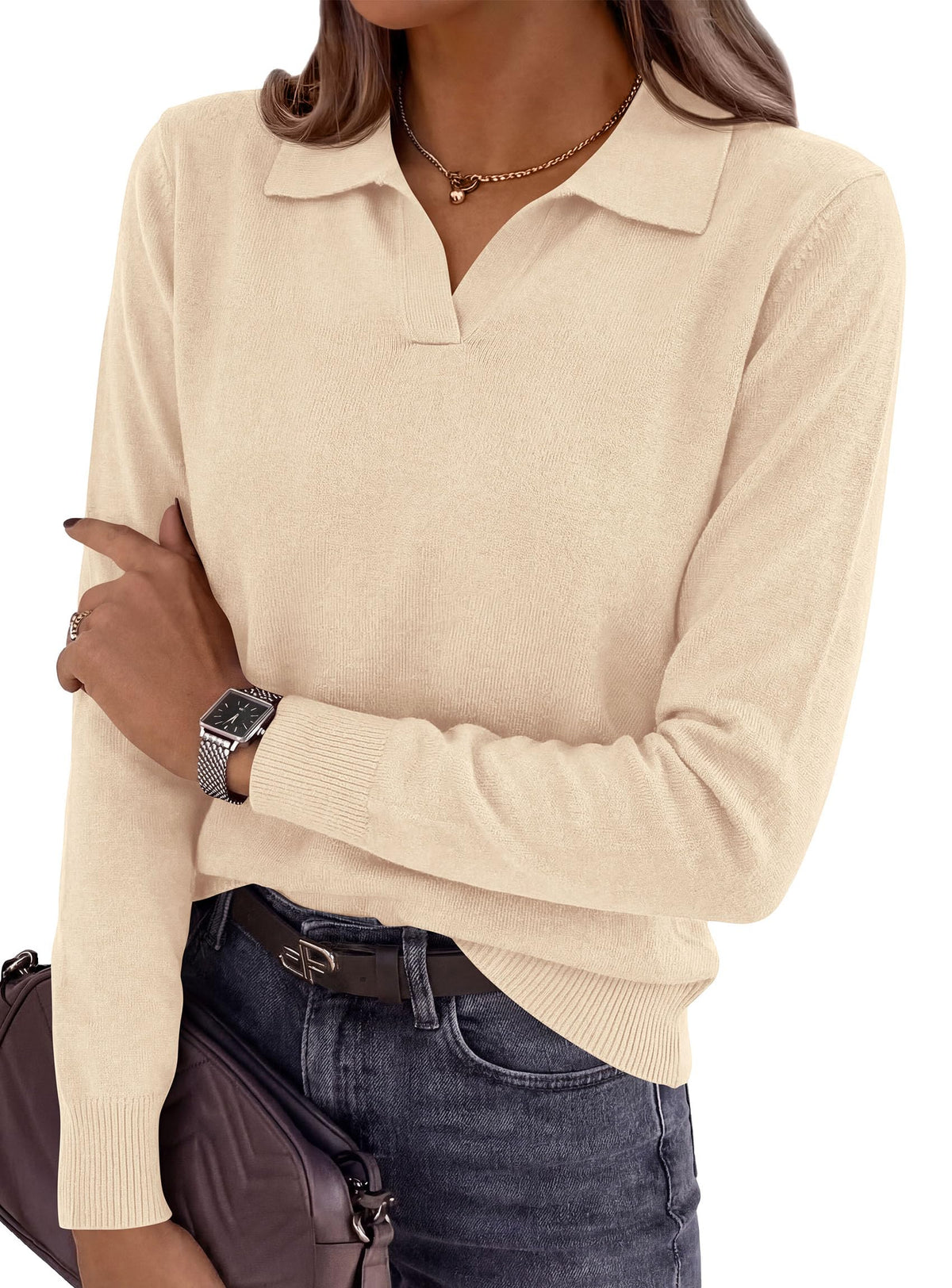 PRETTYGARDEN Womens Long Sleeve Collared Polo Sweater | Breathable Soft Ribbed Knit, Lapel V Neck Pullover Sweaters, Business Casual Work Office Tops, 2026 Trendy Fall Outfits