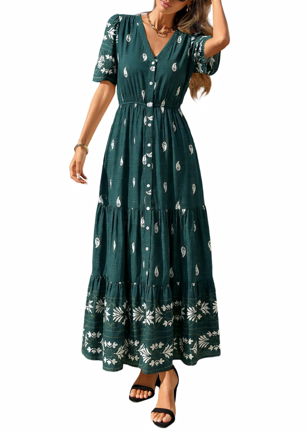 PRETTYGARDEN Womens Summer Boho Maxi Dress Trendy Short Sleeve V Neck Flowy Beach Floral Dresses with Pockets