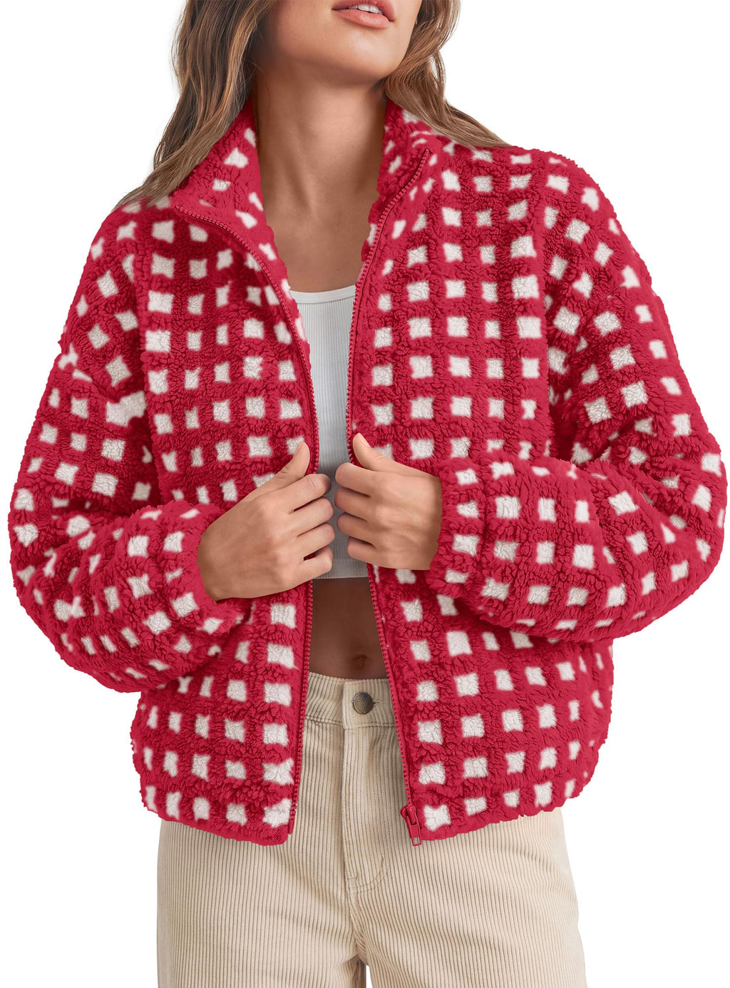 PRETTYGARDEN Women's Gingham Sherpa Fleece Jacket Plaid Cropped Teddy Coat Trendy Y2K Winter Jacket, Zip Up Stand Collar, Side Pockets, Fall Outfit for Casual Daily, Going Out, Streetwear, Outdoor