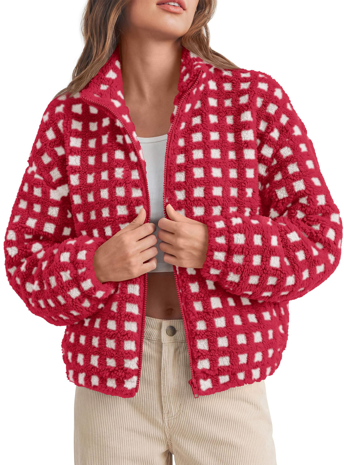 PRETTYGARDEN Women's Gingham Sherpa Fleece Jacket Plaid Cropped Teddy Coat Trendy Y2K Winter Jacket, Zip Up Stand Collar, Side Pockets, Fall Outfit for Casual Daily, Going Out, Streetwear, Outdoor