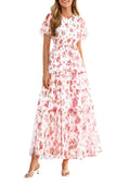 PRETTYGARDEN Tulle Floral Dress Women Summer Wedding Guest  Spring Short Sleeve Maxi Smocked Flowy Beach Party Dresses