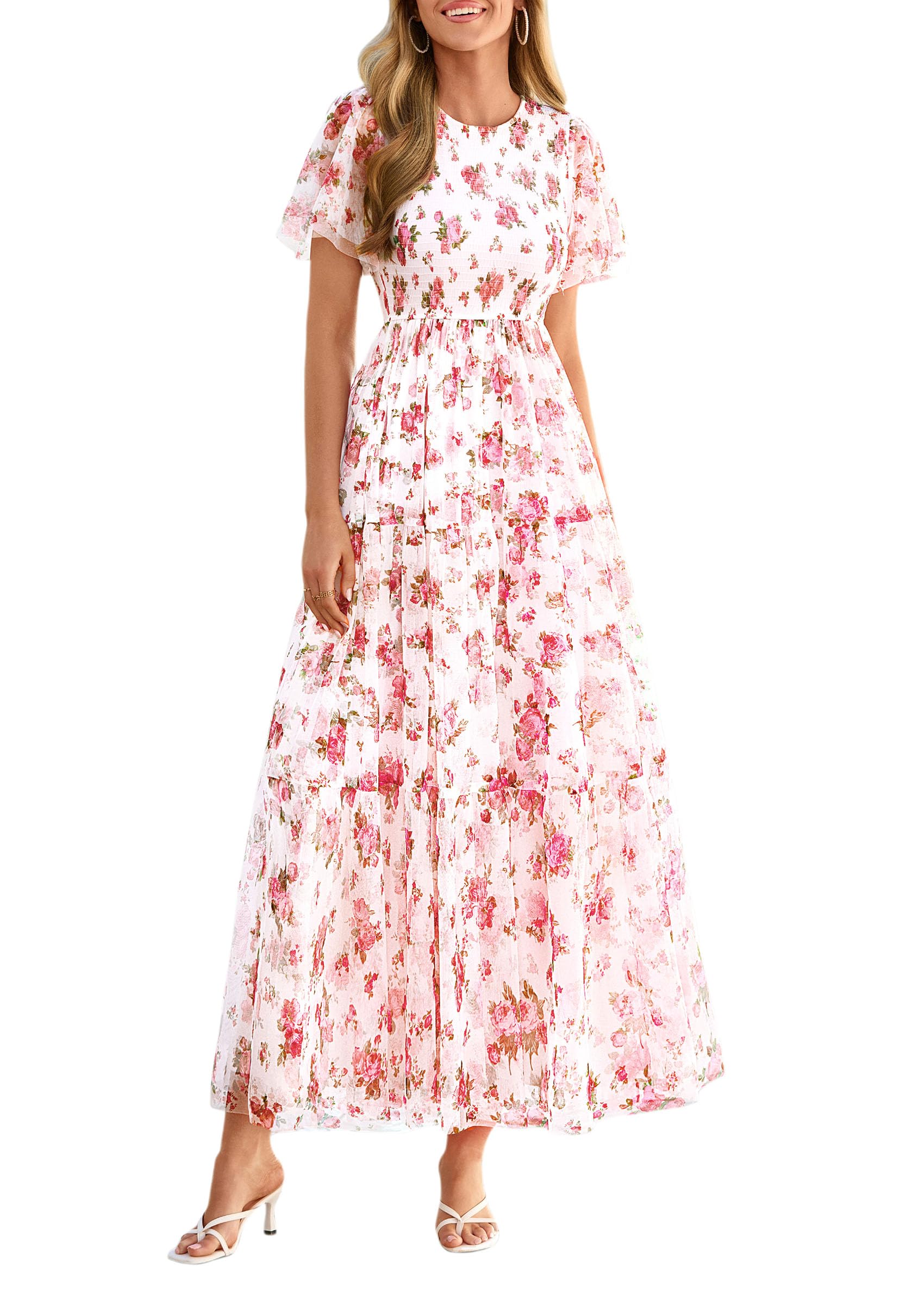 PRETTYGARDEN Tulle Floral Dress Women Summer Wedding Guest  Spring Short Sleeve Maxi Smocked Flowy Beach Party Dresses
