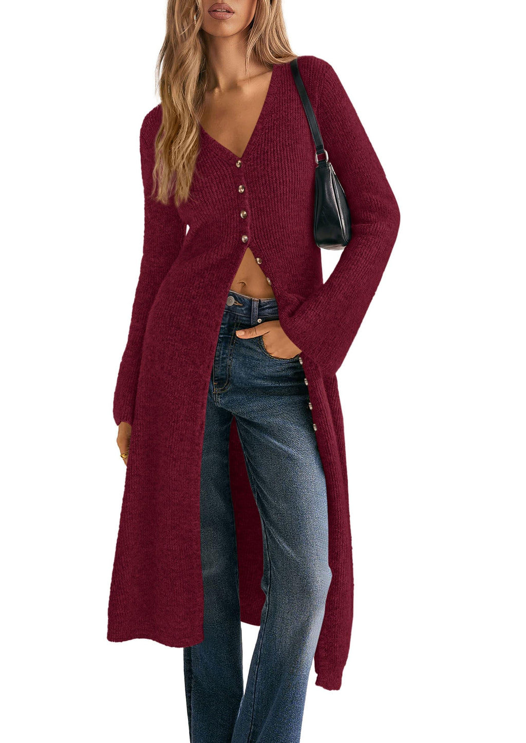 PRETTYGARDEN Women Long Cardigan Bell Sleeve Sweater Dress Early Fall Fashion, V Neck Button Down Coats, Fit and Flare, Duster Sweater, Acrylic Cotton Blend