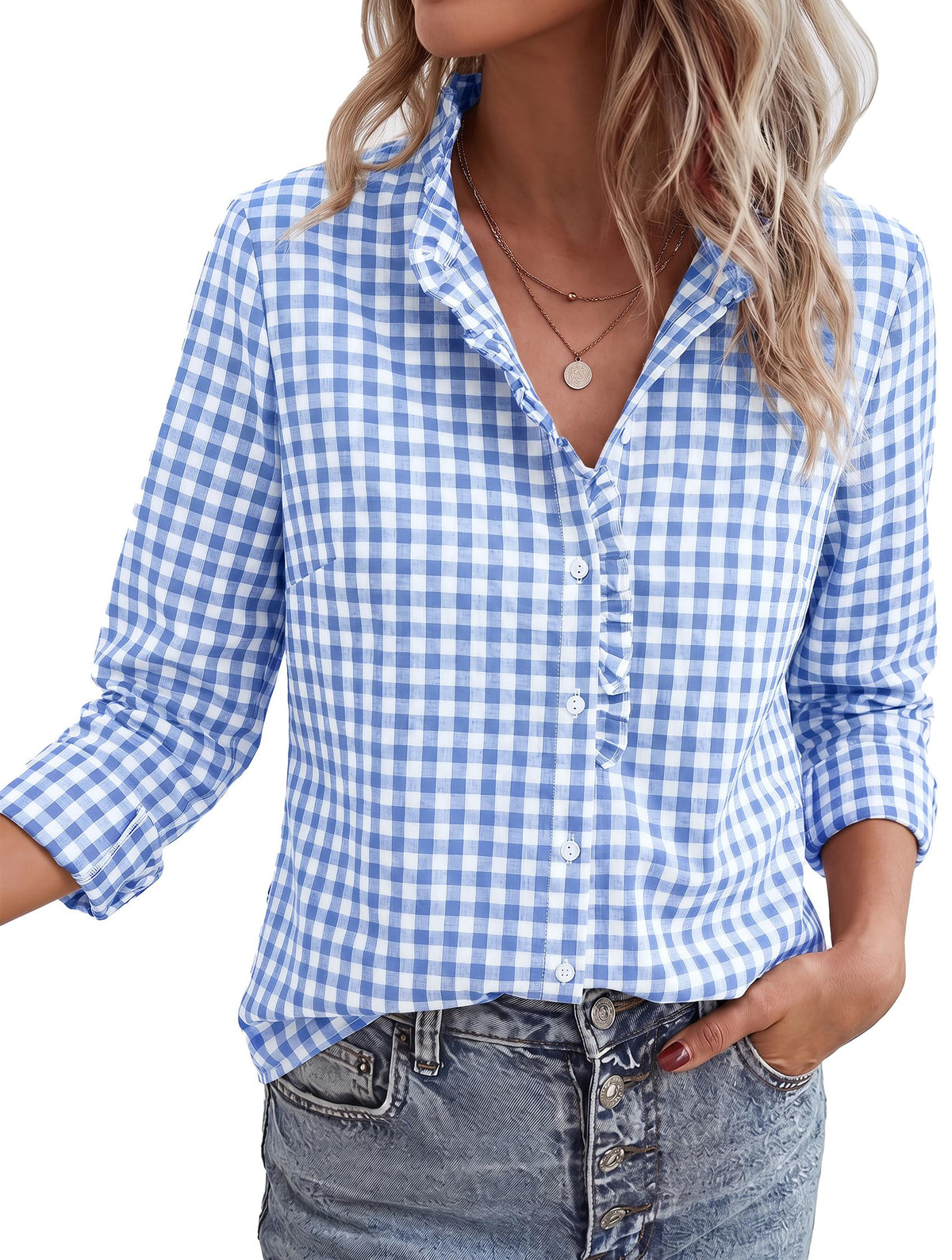 PRETTYGARDEN Womens Long Sleeve Button Down Shirts | Soft Cotton Fabric, Fashion Plaid Shirt, Basic Collared V Neck, Work Business Casual Blouses, 2026 Fall Trendy Outfits