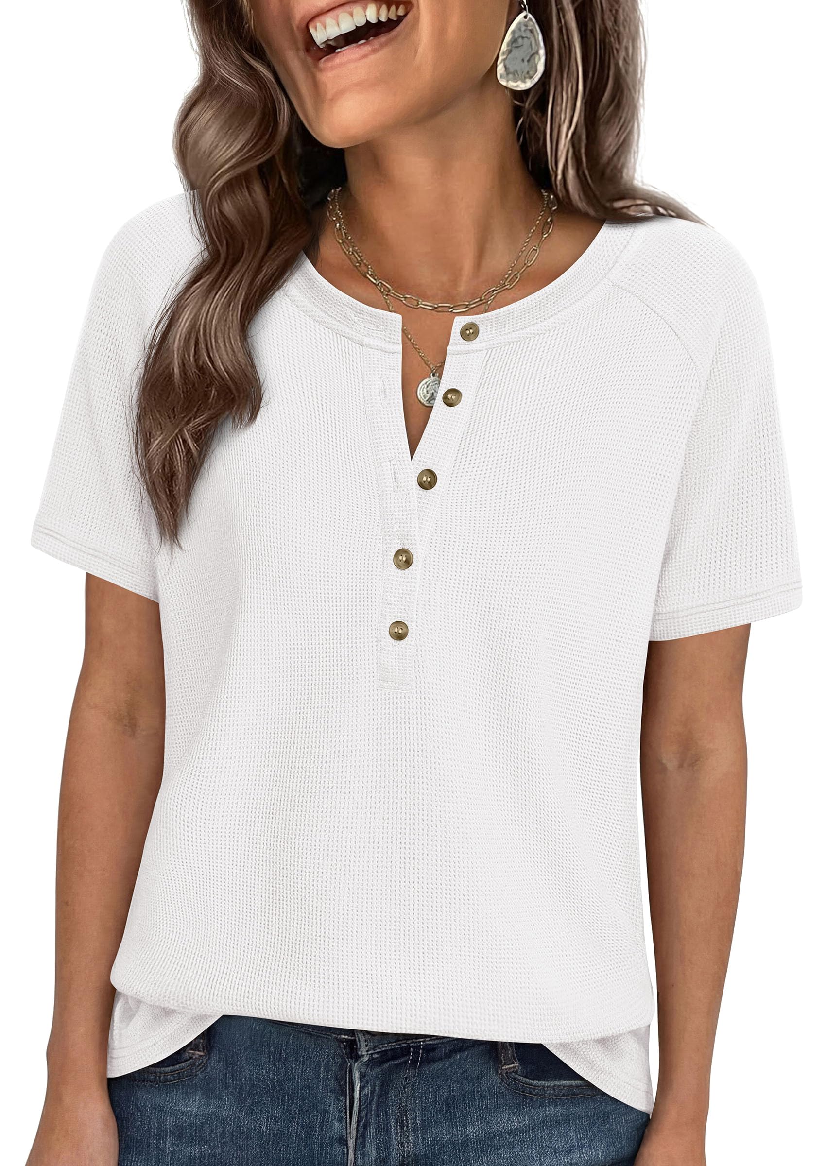 PRETTYGARDEN Waffle Knit Tops for Women Short Sleeve Henley Shirts  Summer Blouses Dressy Casual Spring Fashion Clothes