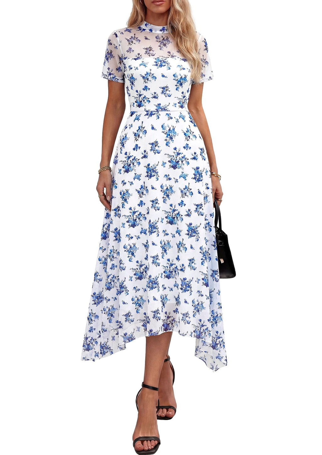 PRETTYGARDEN Cocktail Dresses for Women  Summer Short Sleeve Floral Mesh Sheer Midi Party Wedding Guest Dress