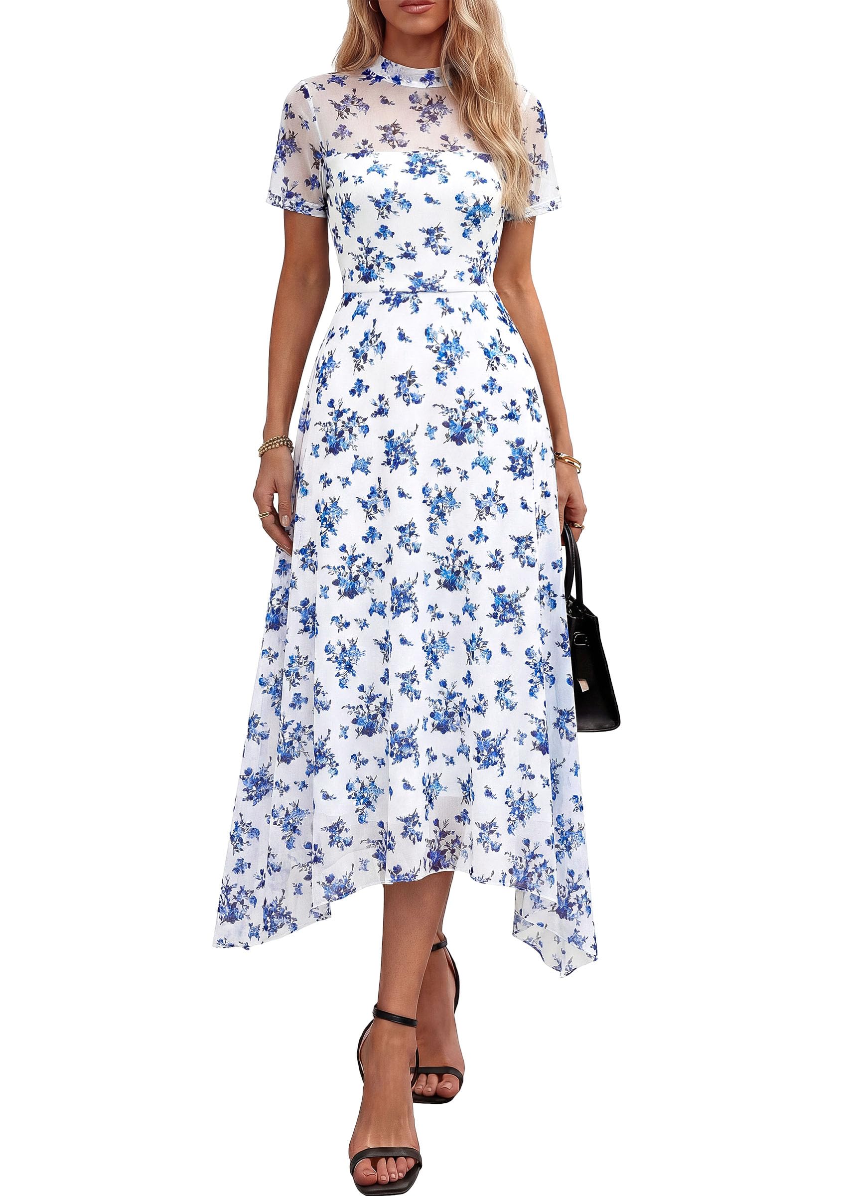 PRETTYGARDEN Cocktail Dresses for Women  Summer Short Sleeve Floral Mesh Sheer Midi Party Wedding Guest Dress
