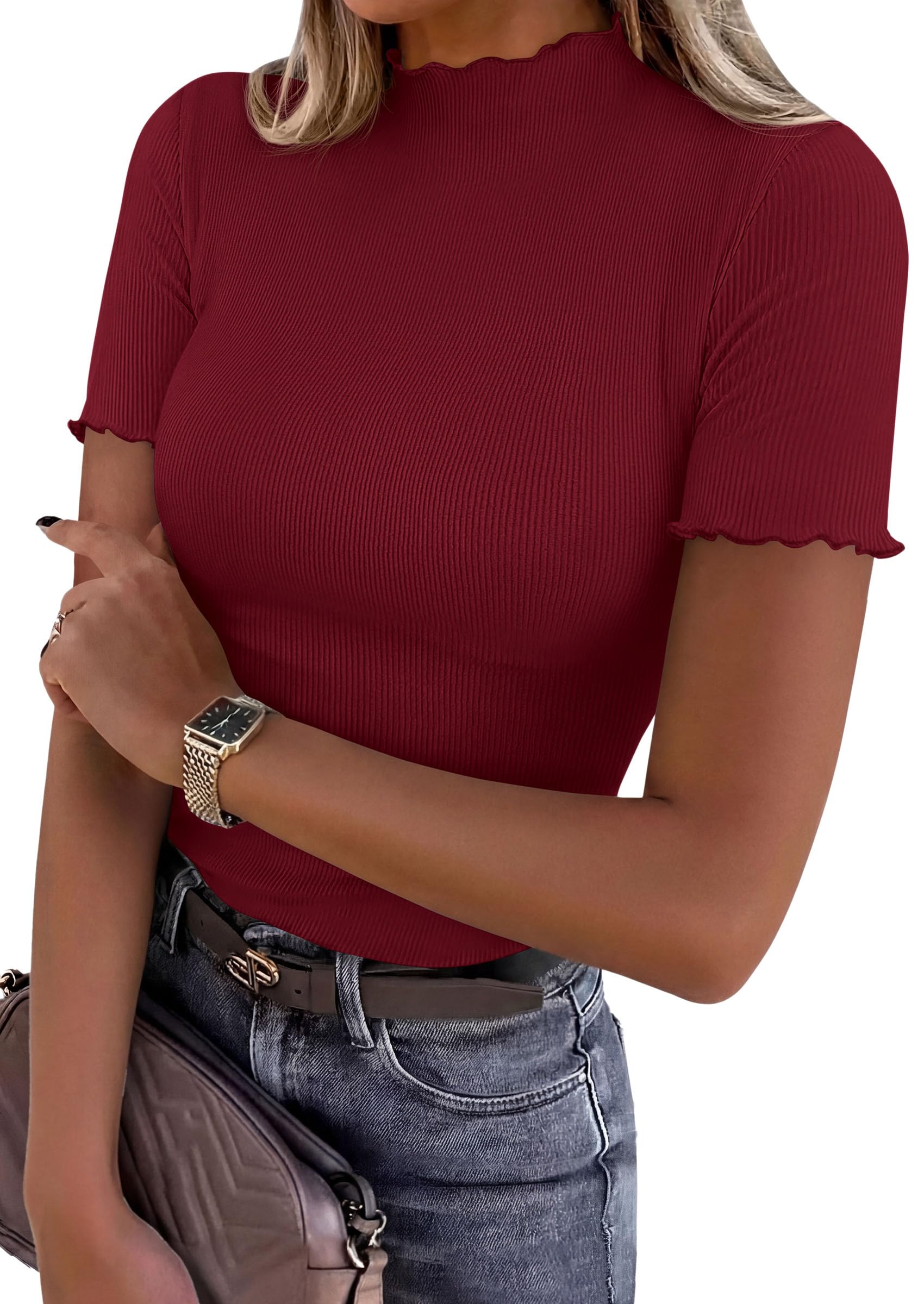 PRETTYGARDEN Short Sleeve T Shirts for Women Summer Clothes  Casual Spring Tops Ruffle Mock Neck Ribbed Fitted Basic Tees