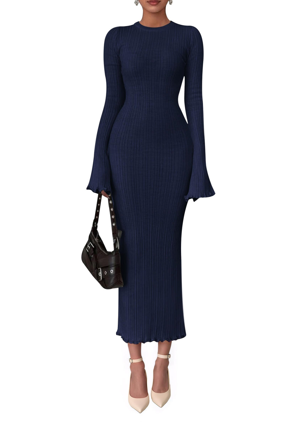 PRETTYGARDEN Sweater Dresses for Women  Fall Bell Long Sleeve Crew Neck Bodycon Maxi Dress Winter Ribbed Knit Outfits