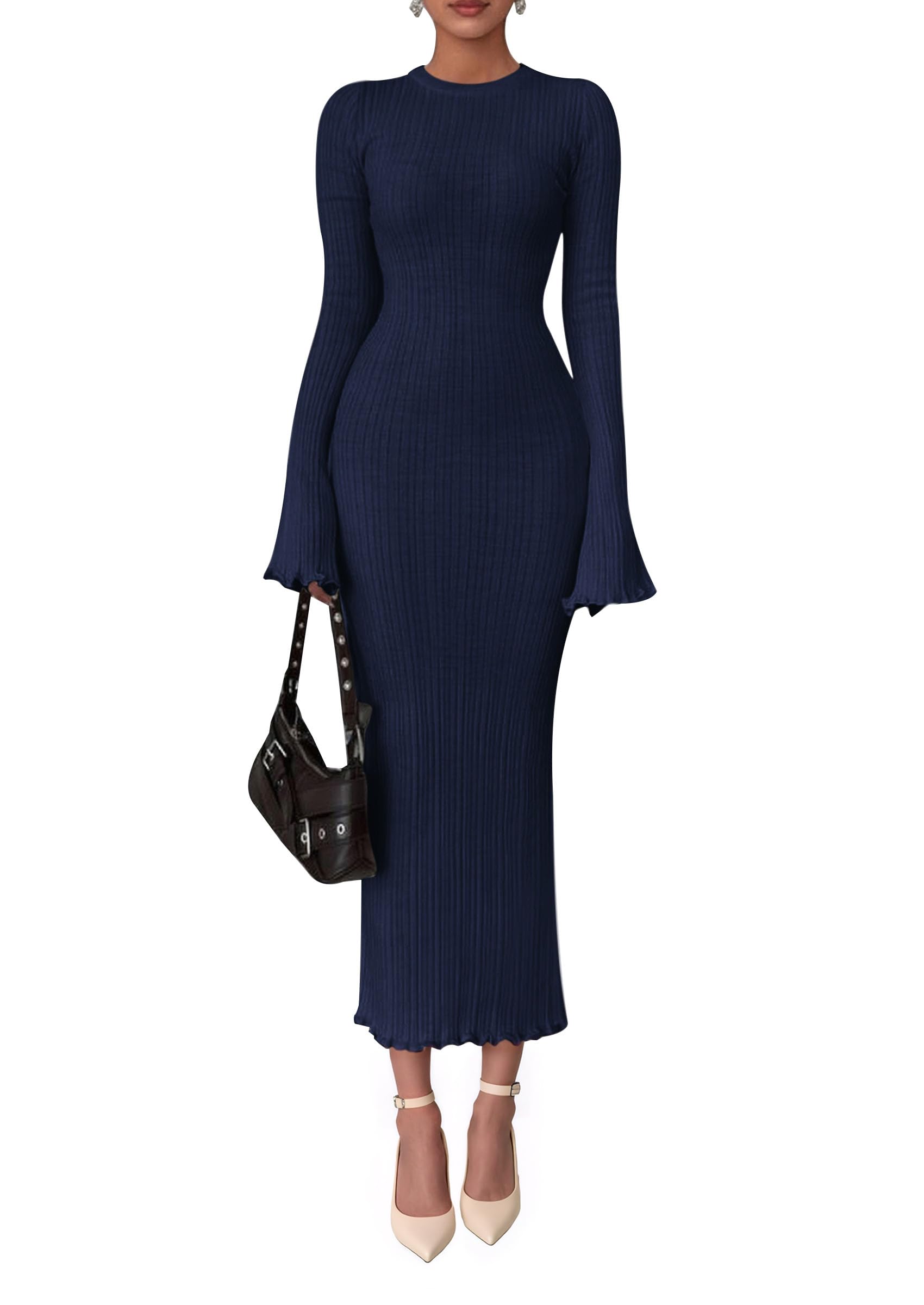 PRETTYGARDEN Sweater Dresses for Women  Fall Bell Long Sleeve Crew Neck Bodycon Maxi Dress Winter Ribbed Knit Outfits