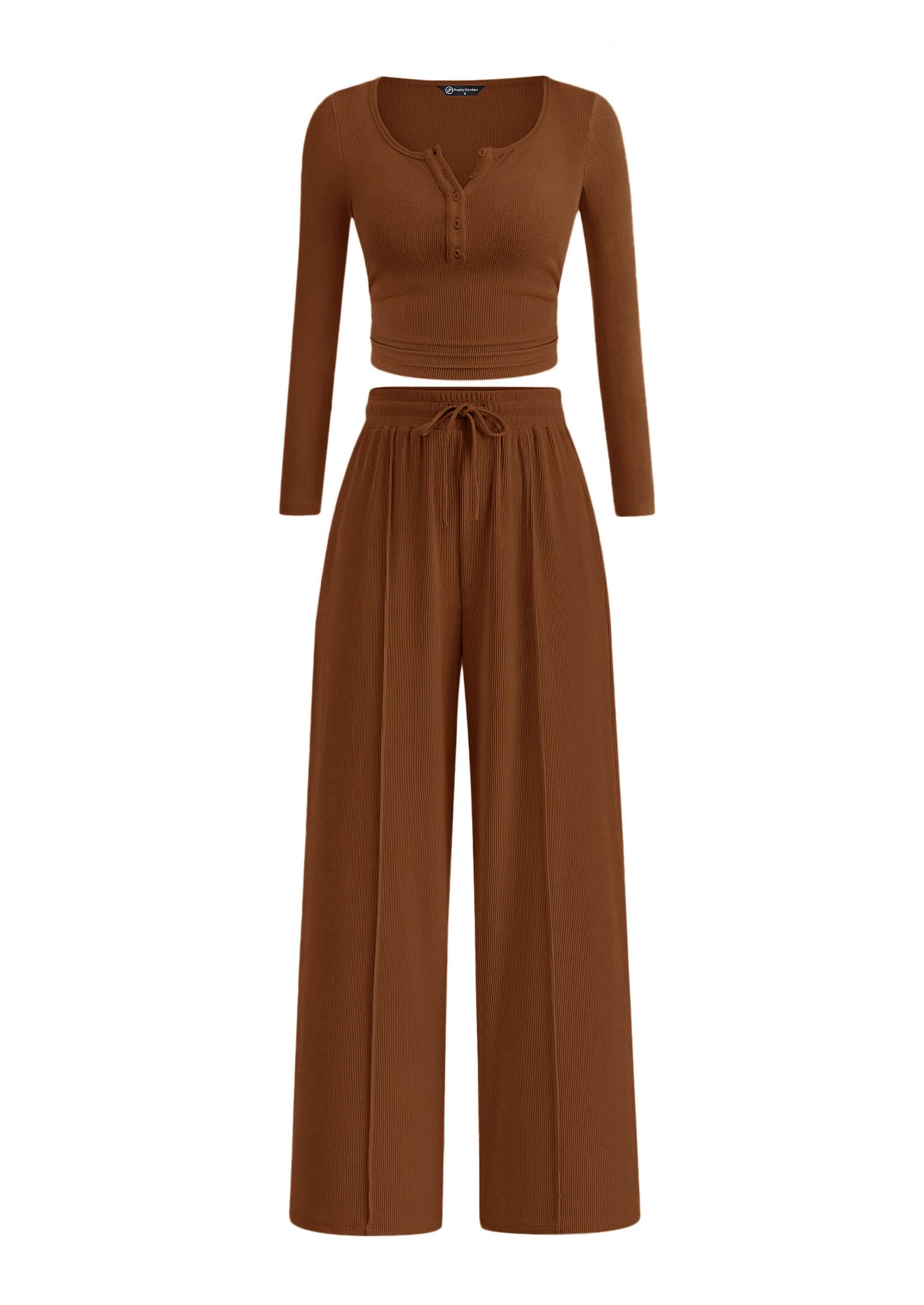 PRETTYGARDEN Women's  Fall Trendy 2 Piece Outfits Lounge Sets Long Sleeve Top Henley Shirts Wide Leg Pants Travel Clothes