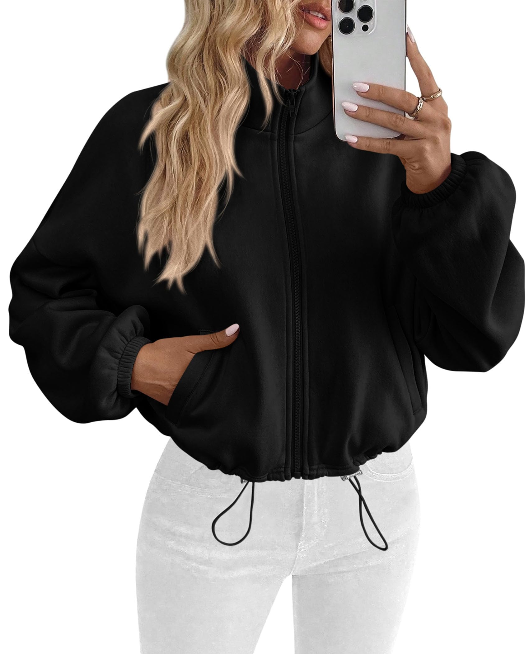 PRETTYGARDEN Womens Zip Up Fleece Cropped Sweatshirt Jacket