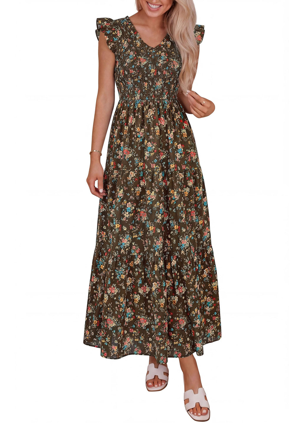 PRETTYGARDEN Women's Boho Floral Maxi Dress Summer Smocked V Neck Ruffle Sleeve Spring Flowy Beach Vacation Sundresses