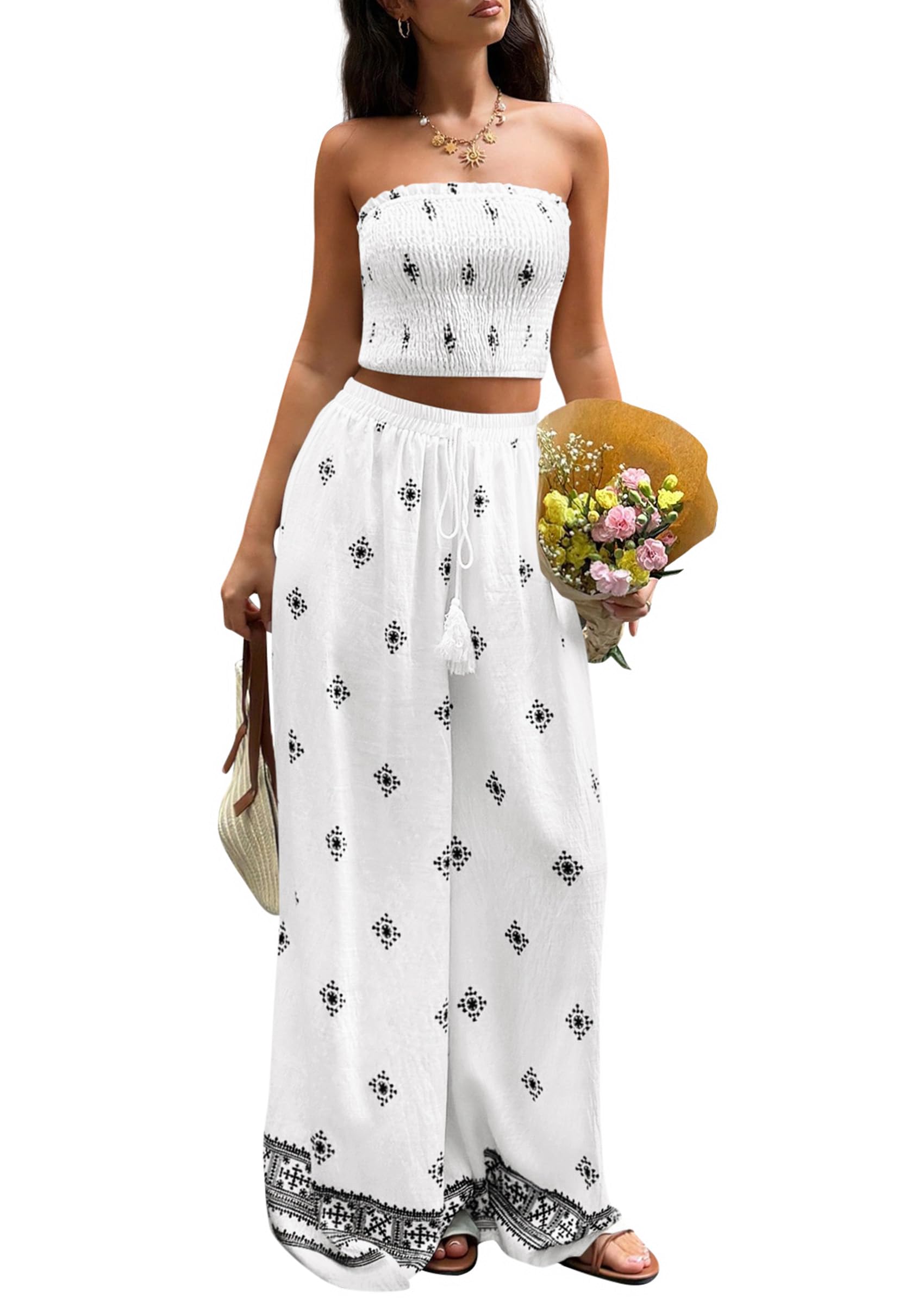 PRETTYGARDEN 2 Piece Sets for Women Summer  Travel Outfits Print Tube Tops Wide Leg Pants Beach Vacation Clothes