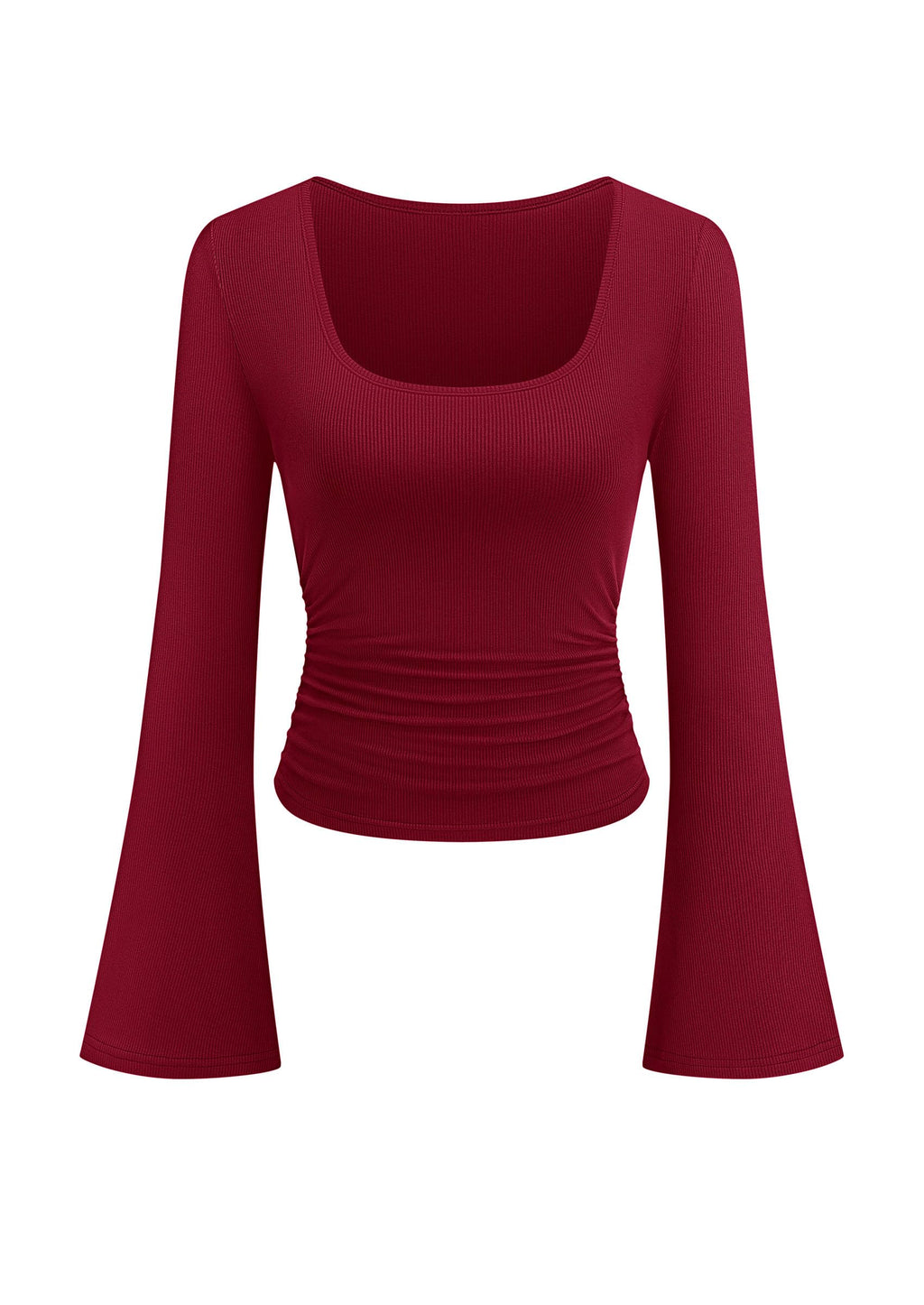 PRETTYGARDEN Womens Bell Long Sleeve Shirts Going Out Tops | Soft Stretchy Ribbed Knit, Square Neck, Slim Fit Y2K Clothes, Trendy Side Ruched, Layering Tee for Casual Fall & Winter Wear