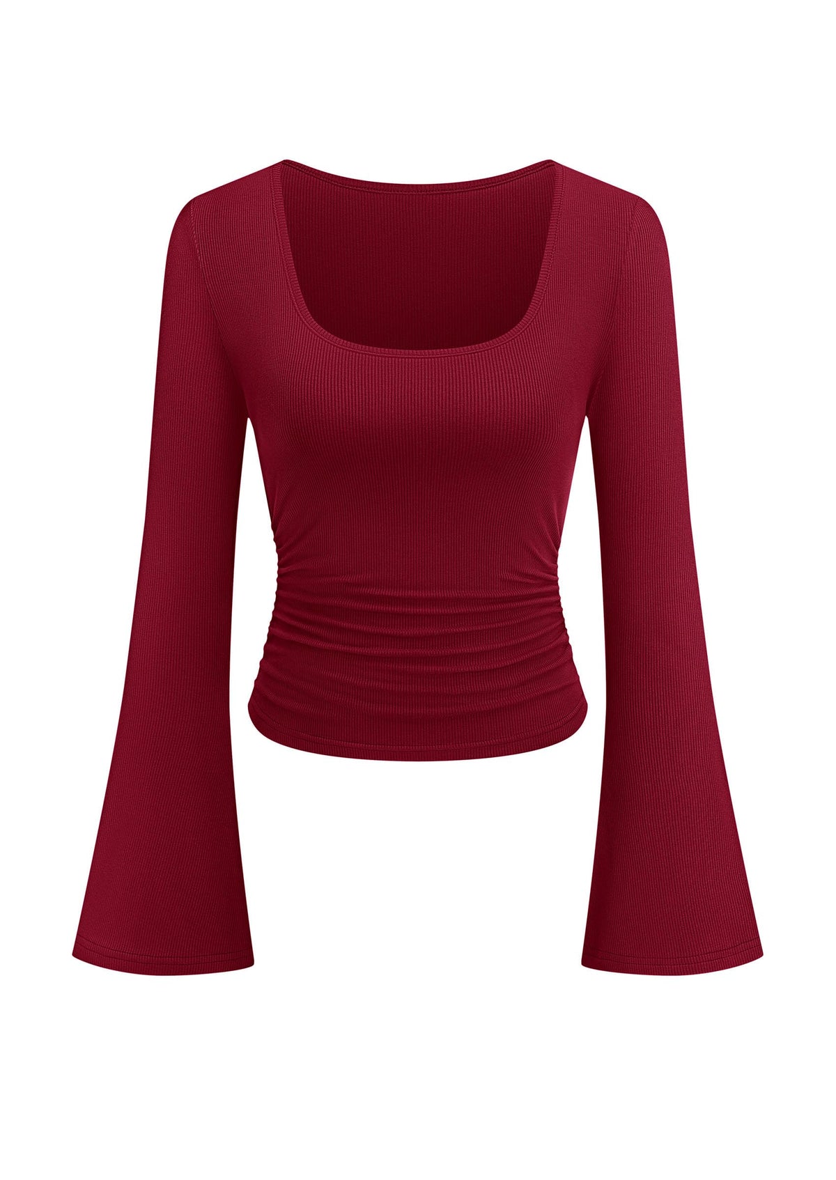 PRETTYGARDEN Womens Bell Long Sleeve Shirts Going Out Tops | Soft Stretchy Ribbed Knit, Square Neck, Slim Fit Y2K Clothes, Trendy Side Ruched, Layering Tee for Casual Fall & Winter Wear