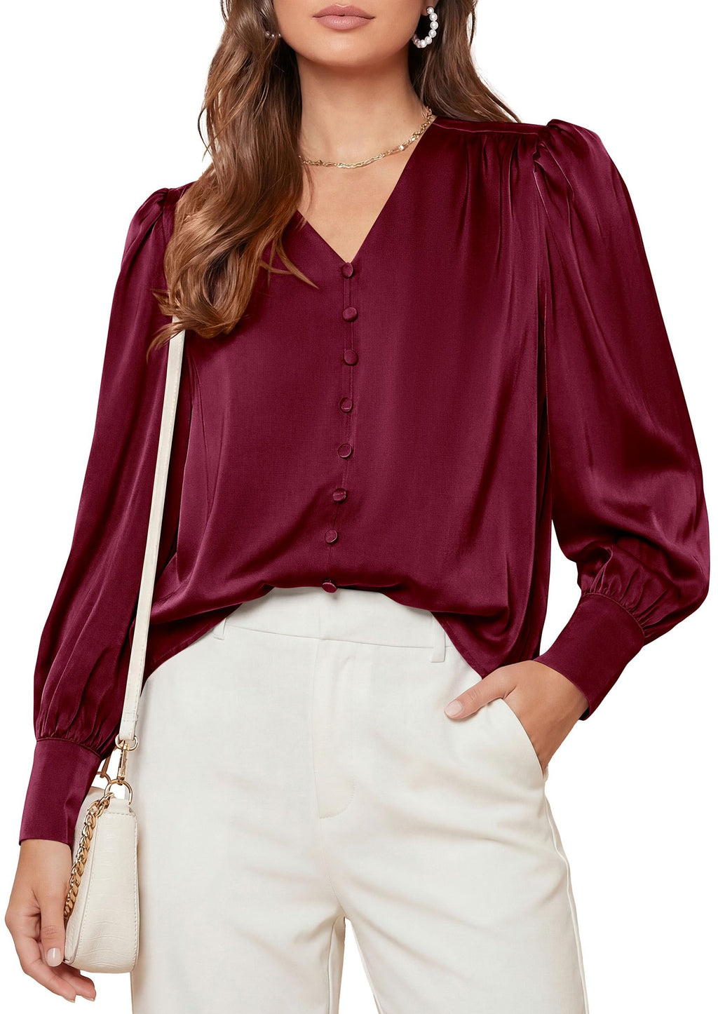 PRETTYGARDEN Satin Long Sleeve Womens Blouses Dressy Casual | Glossy Smooth Silk Fabric,Lantern Sleeve Fall Tops,Decorative Button Pullover,V Neck Shirts,Office Work Business Outfits