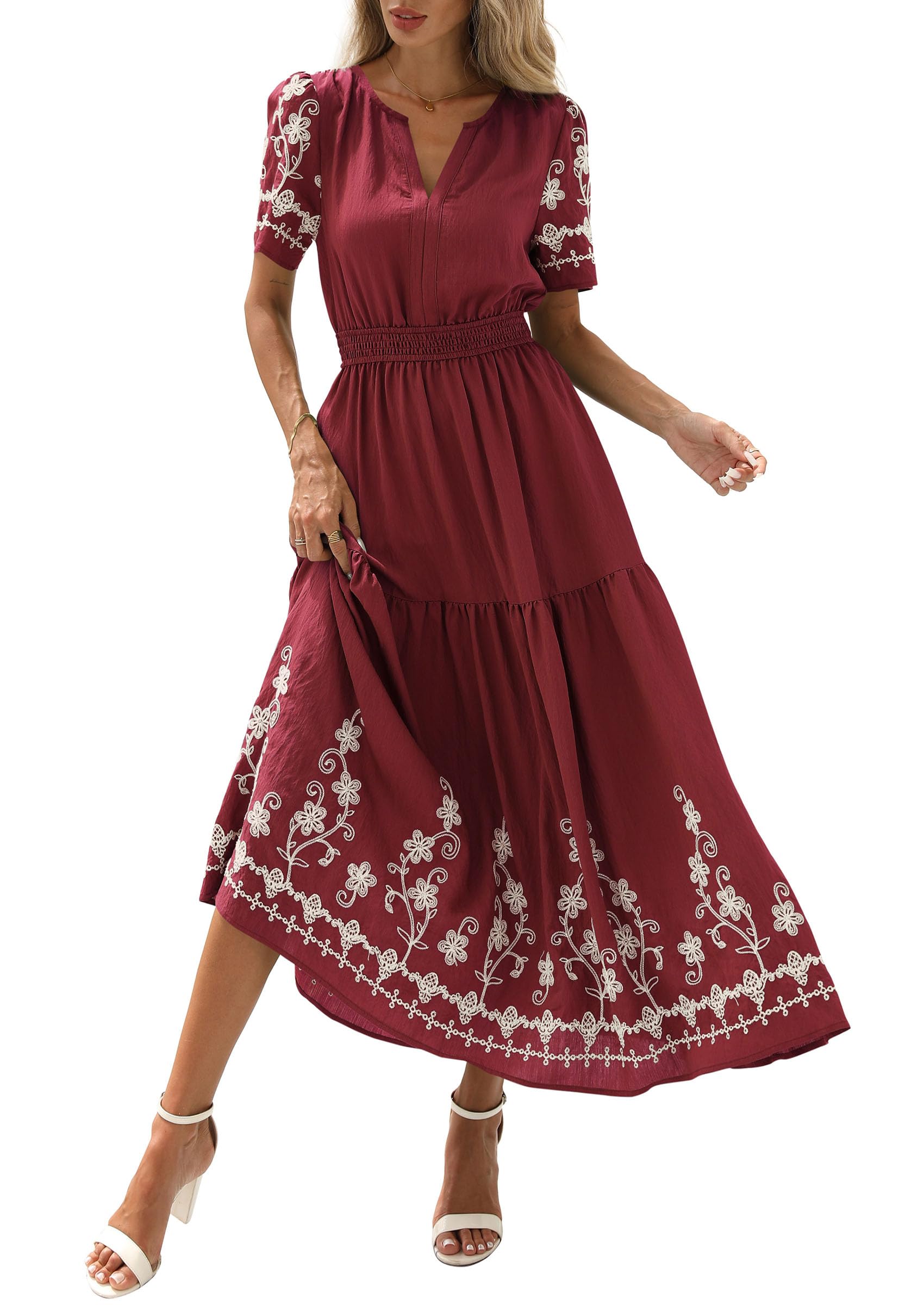 PRETTYGARDEN Women's Summer Boho Maxi Dress Spring Floral Short Sleeve V Neck A Line Flowy Beach Wedding Guest Dresses