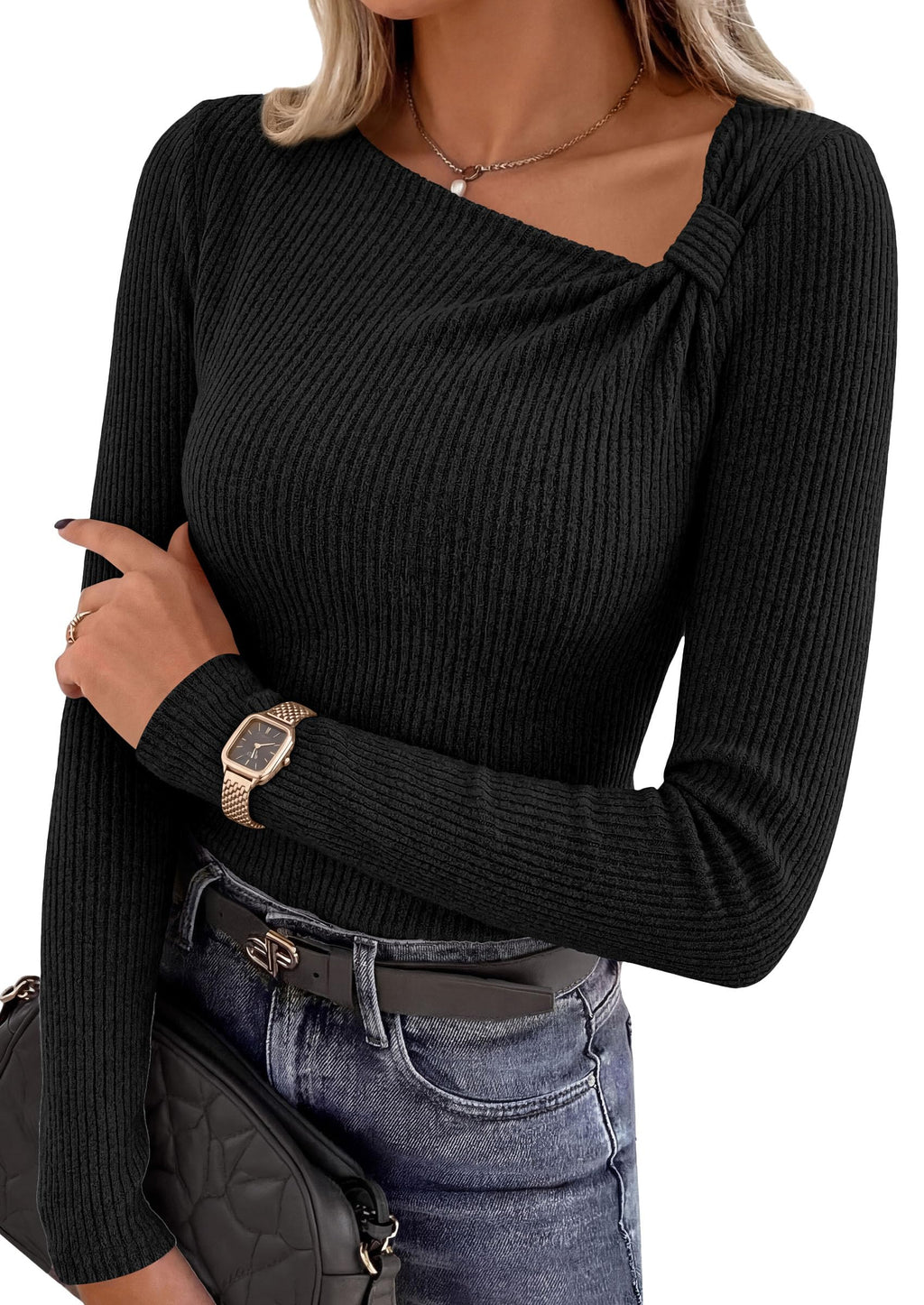 PRETTYGARDEN Womens  Early Fall Fashion Long Sleeve T Shirts Asymmetrical Ribbed Fitted Trendy Going Out Tops Y2K Outfits