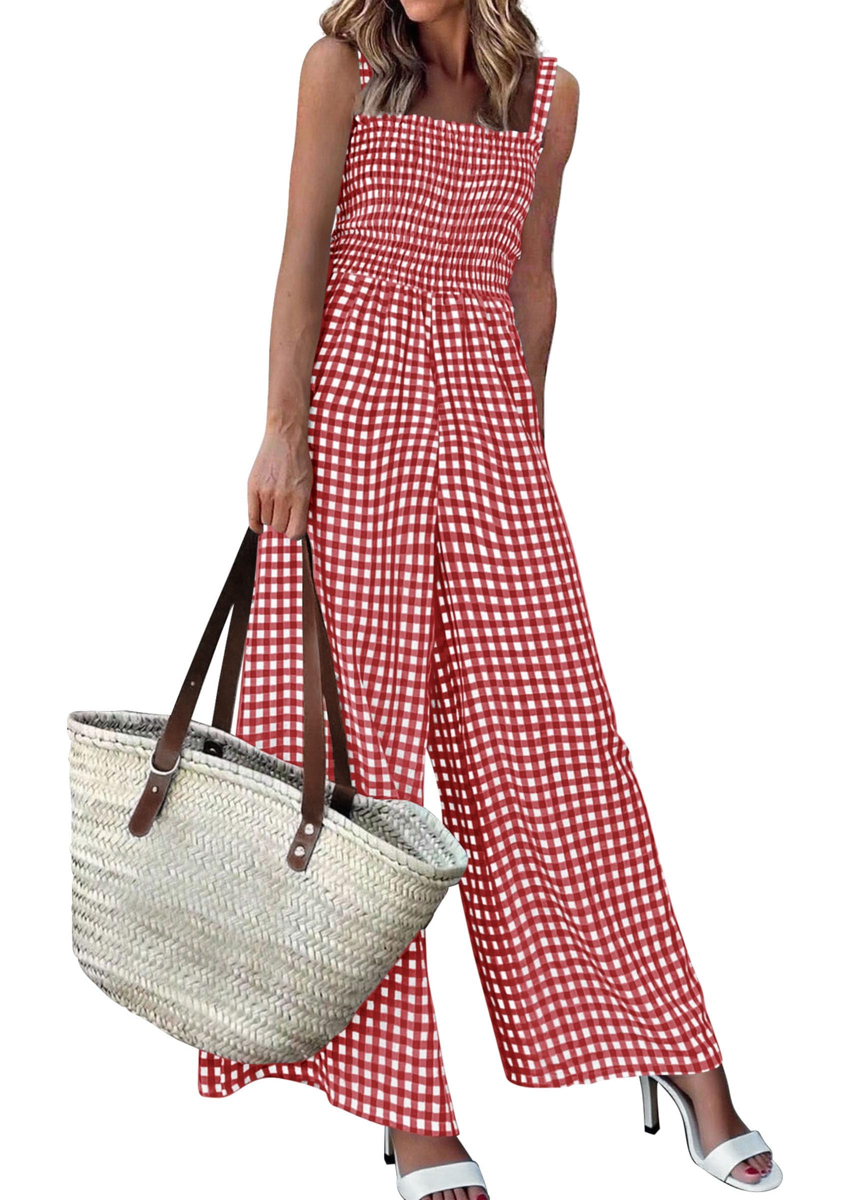PRETTYGARDEN One Piece Jumpsuits for Women Casual Summer Cruise Outfits  Spring Fashion Smocked Wide Leg Gingham Rompers