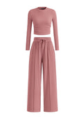 PRETTYGARDEN Women's 2 Piece Loungewear Long Sleeve Crop Top Wide Leg Palazzo Pants Set Tracksuits Casual Outfit