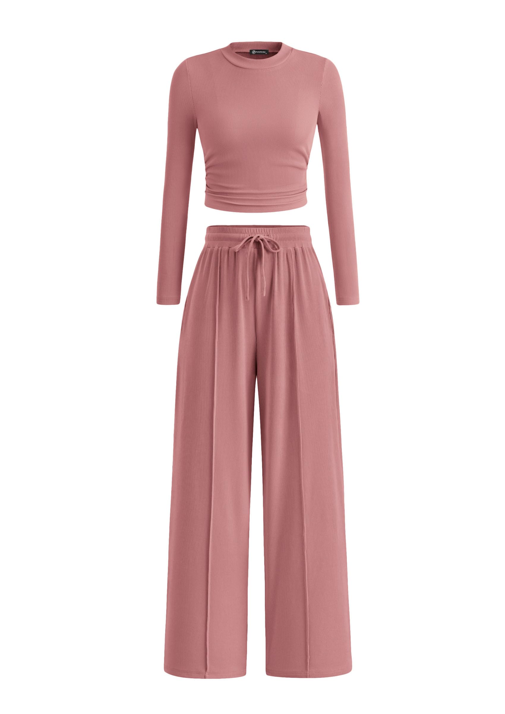 PRETTYGARDEN Women's 2 Piece Loungewear Long Sleeve Crop Top Wide Leg Palazzo Pants Set Tracksuits Casual Outfit