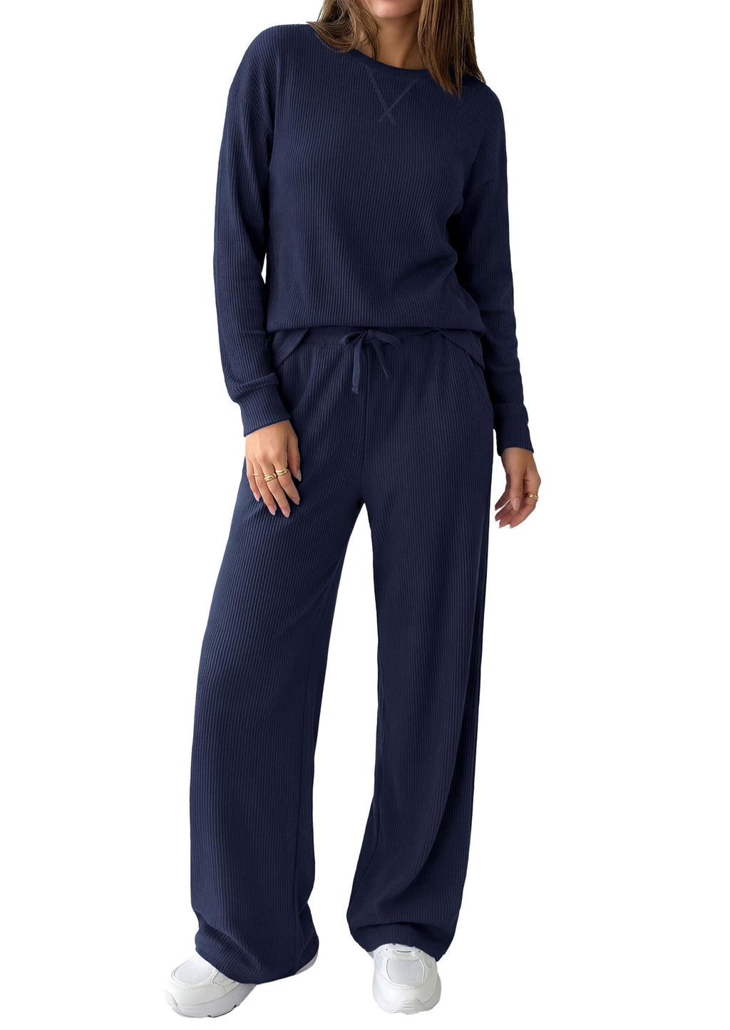 PRETTYGARDEN Sweatsuits Women 2 Piece Airport Travel Outfits | Ribbed Knit Lounge Sets, Casual Athleisure Wear, Matching Long Sleeve Shirts & Wide Leg Pants Pockets, Fall Winter Clothes
