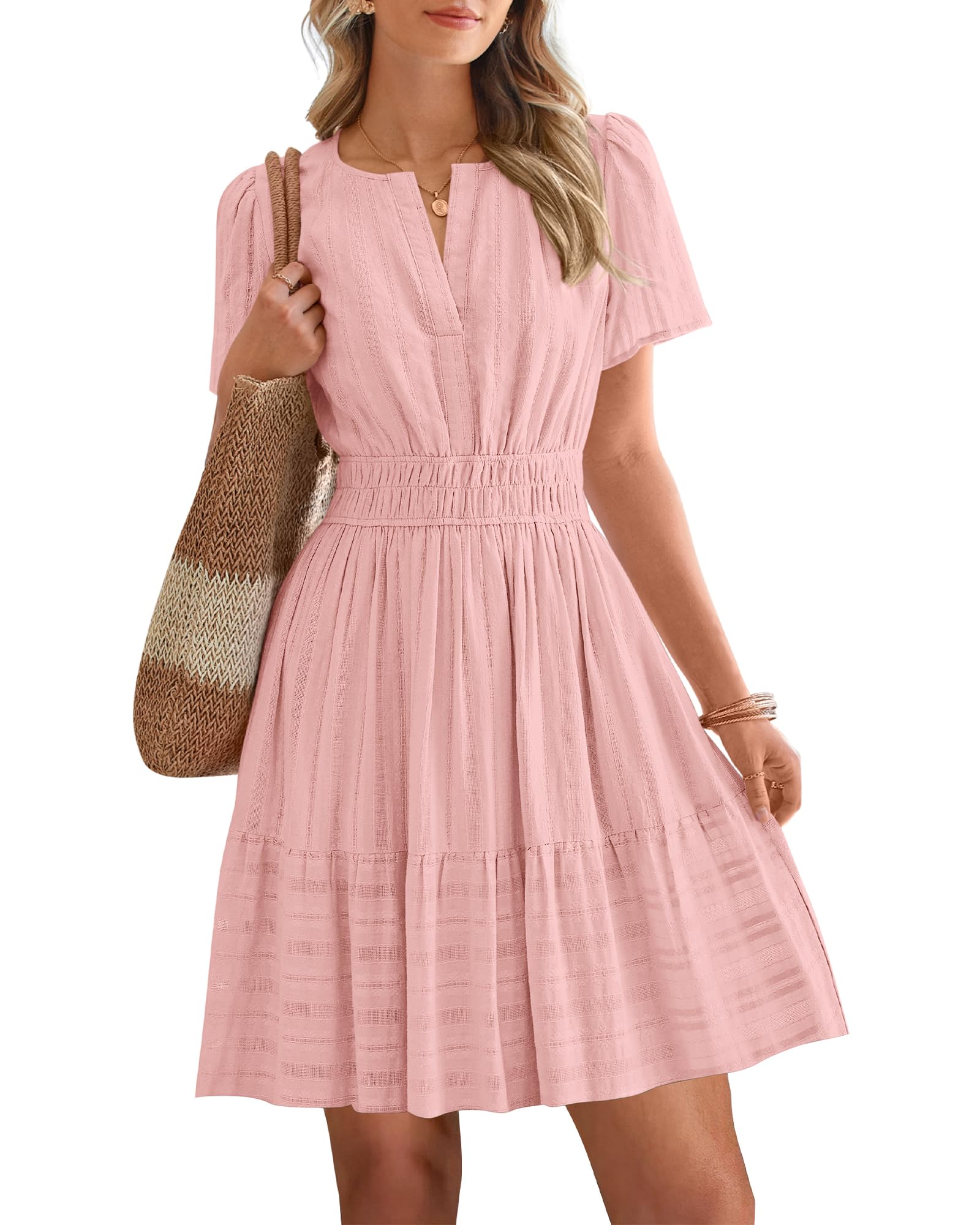 BTFBM Womens Spring  Casual Mini Dresses Lightweight Short Sleeve V Neck Elastic Waist Cute Boho Beach Dress Pockets