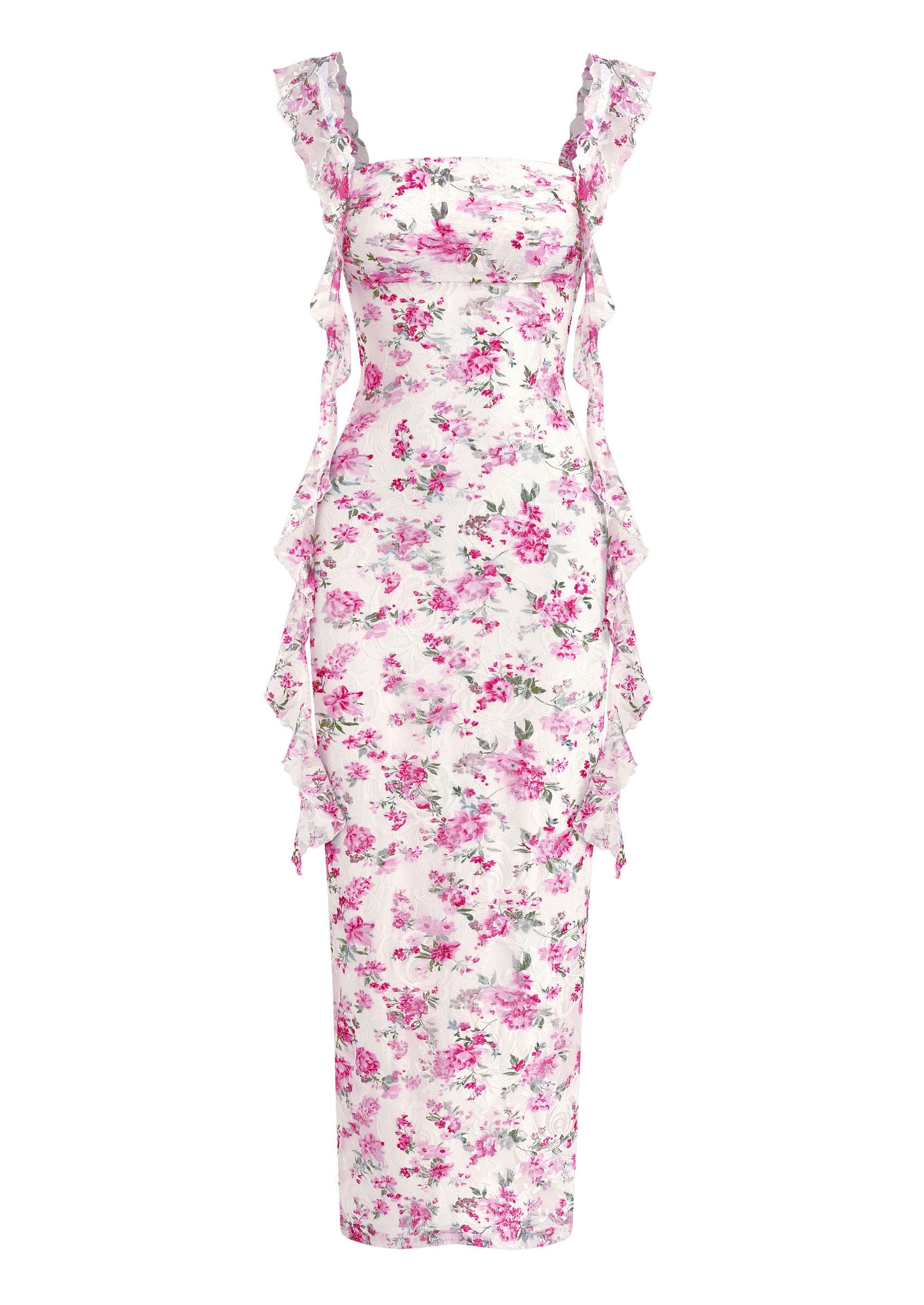 PRETTYGARDEN Floral Dress for Women  Summer Formal Ruched Lace Ruffle Spring Cocktail Wedding Guest Maxi Long Dresses