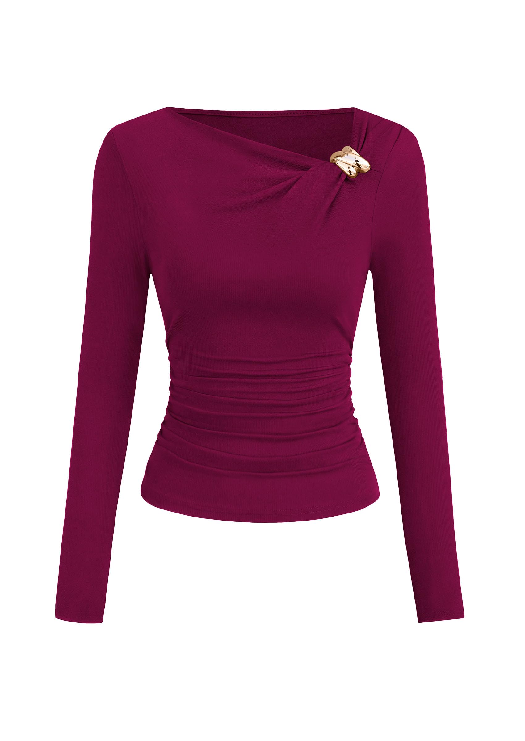 PRETTYGARDEN Long Sleeve Tops for Women Fitted Going Out Top | Comfy Stretchy Knit, Fashion Slim Fit Shirt, Ruched Asymmetrical Side Buckle, Party Date Night Outfits, Y2k Fall Clothes